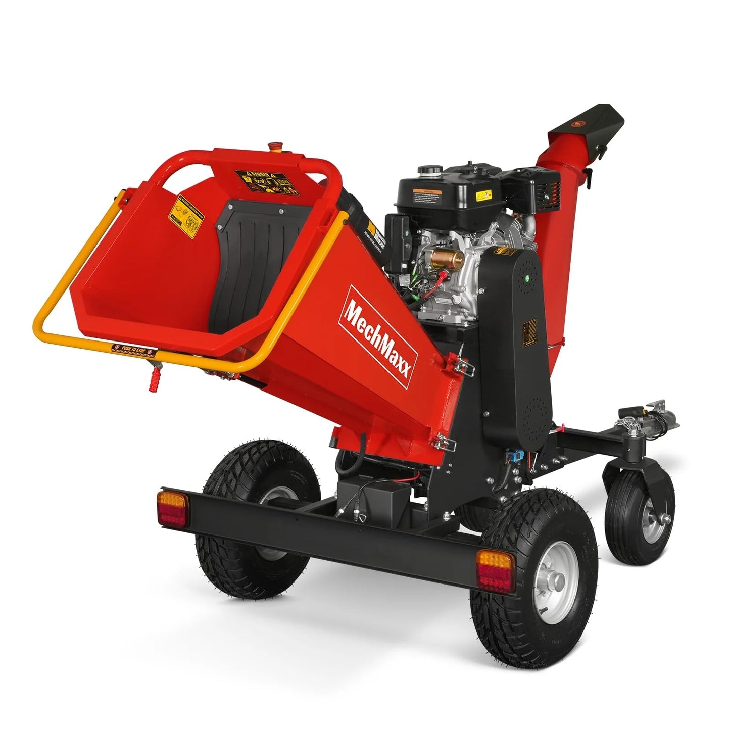 MechMaxx 6 inch ZONSEN 459cc 15hp E-Start Gas Powered 4-Wheels Wood Chipper Shredder Mulcher with Towbar/Tail Light/Emergency Stop Button/Stop Bar, Model B150 Red