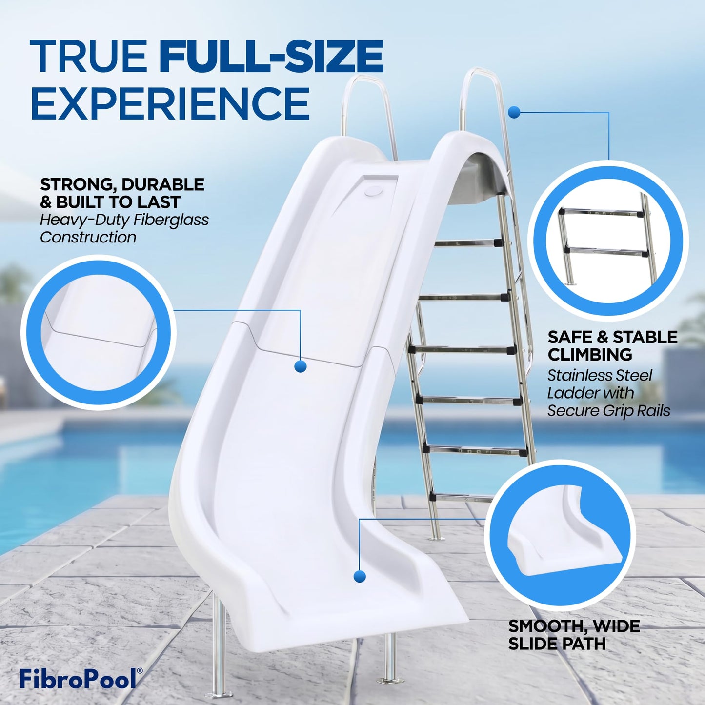 FibroPool Full-Sized Fiberglass Swimming Pool Slide – 10'6" Long, 6' Tall Left Turn Slide with Stainless Steel Hardware, Surface Mount Anchors, Sprayers, and Full Installation Kit for Pools