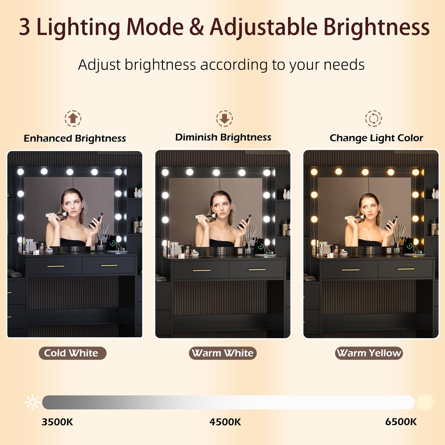 TOKSOM Black Vanity Desk with Mirror, Lights & Charging Station, 58.3" 3 Lighting Modes Makeup Desk with 8 Drawers, 2 Cabinets and Lots Storage, Dressing Table Vanity Set with Lighted Mirror