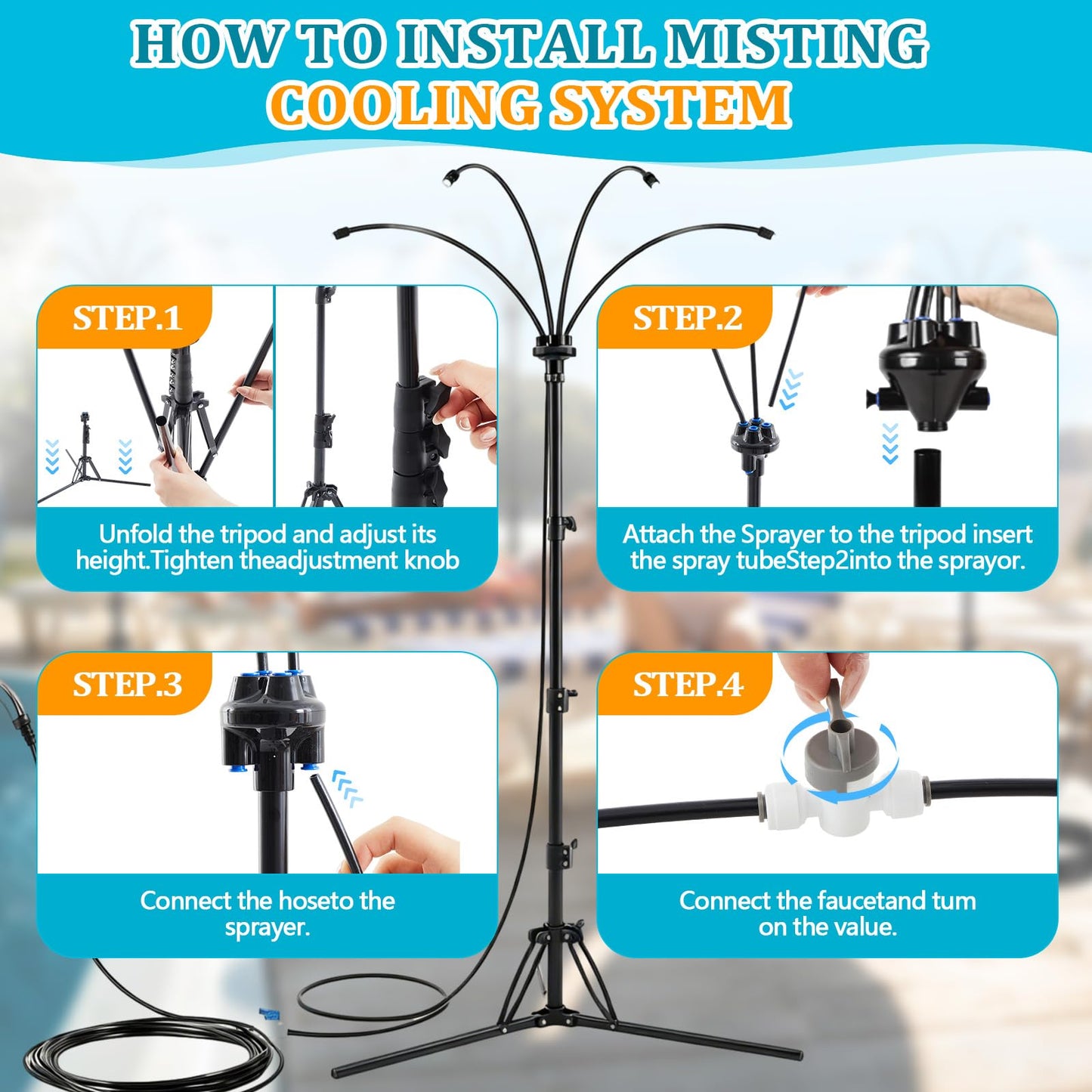 Pickmesh 2 Set Standing Misters for Outside Patio, Adjustable Height 5.3 FT Misting System for Cooling Outdoor, Portable Water Mister with 26FT 360° Flexible Hose & Tripod, for Patio, Backyard, Pool