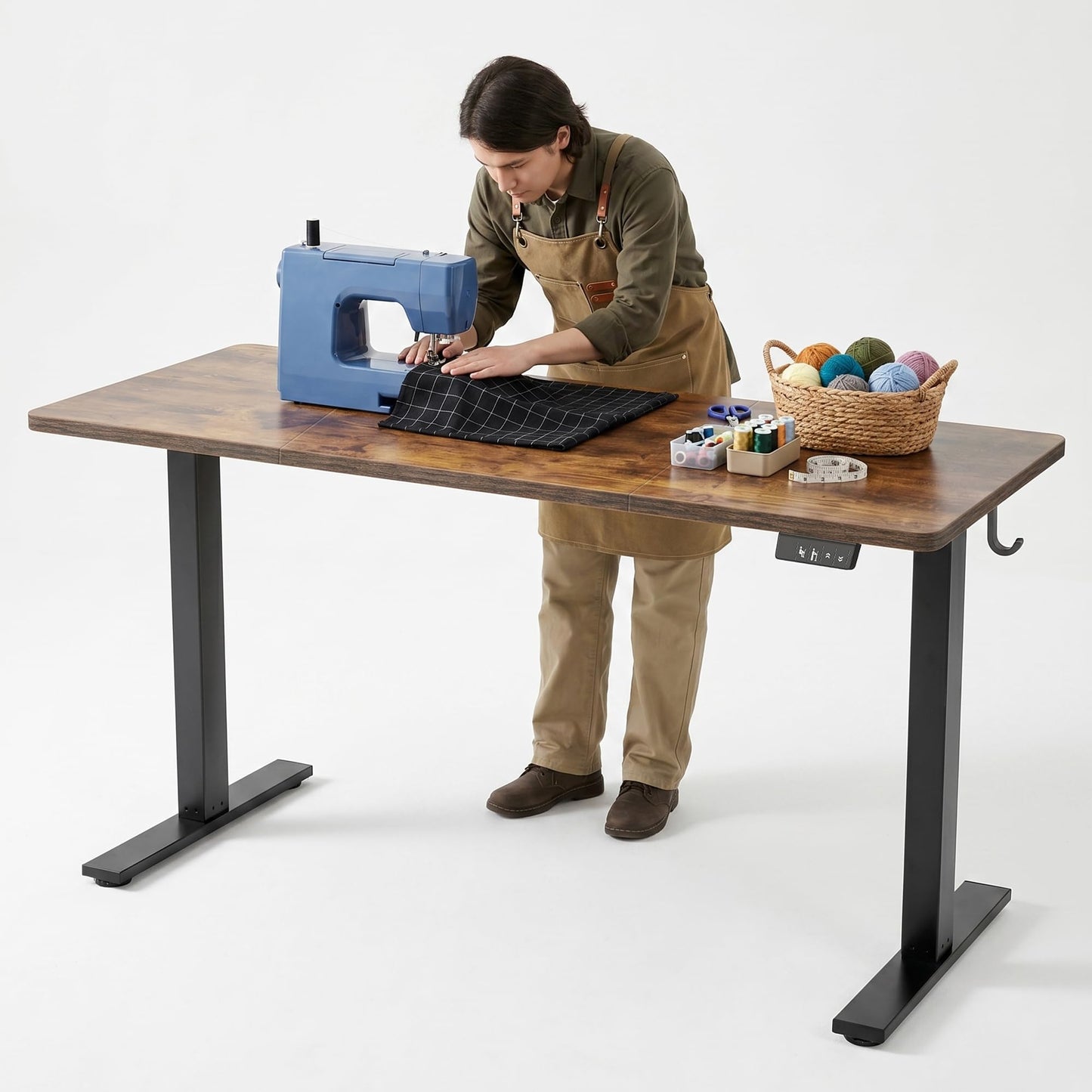 TIQLAB Electric Adjustable Sewing Table, 63"x24" Workbench Adjustable Height, Ergonomic Worktable for Garage, Craft Desk, Spacious Desk for Sewing and Crafts, 2 Piece Board, Rustic Brown