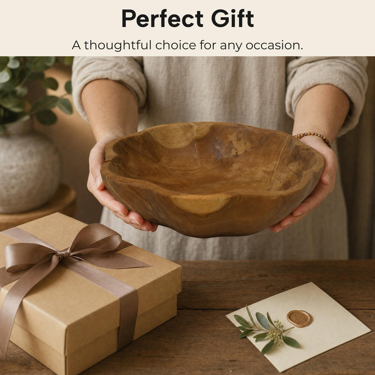 Decorative Wooden Bowl, Large Fruit Bowl for Kitchen Counter, Teak Wood