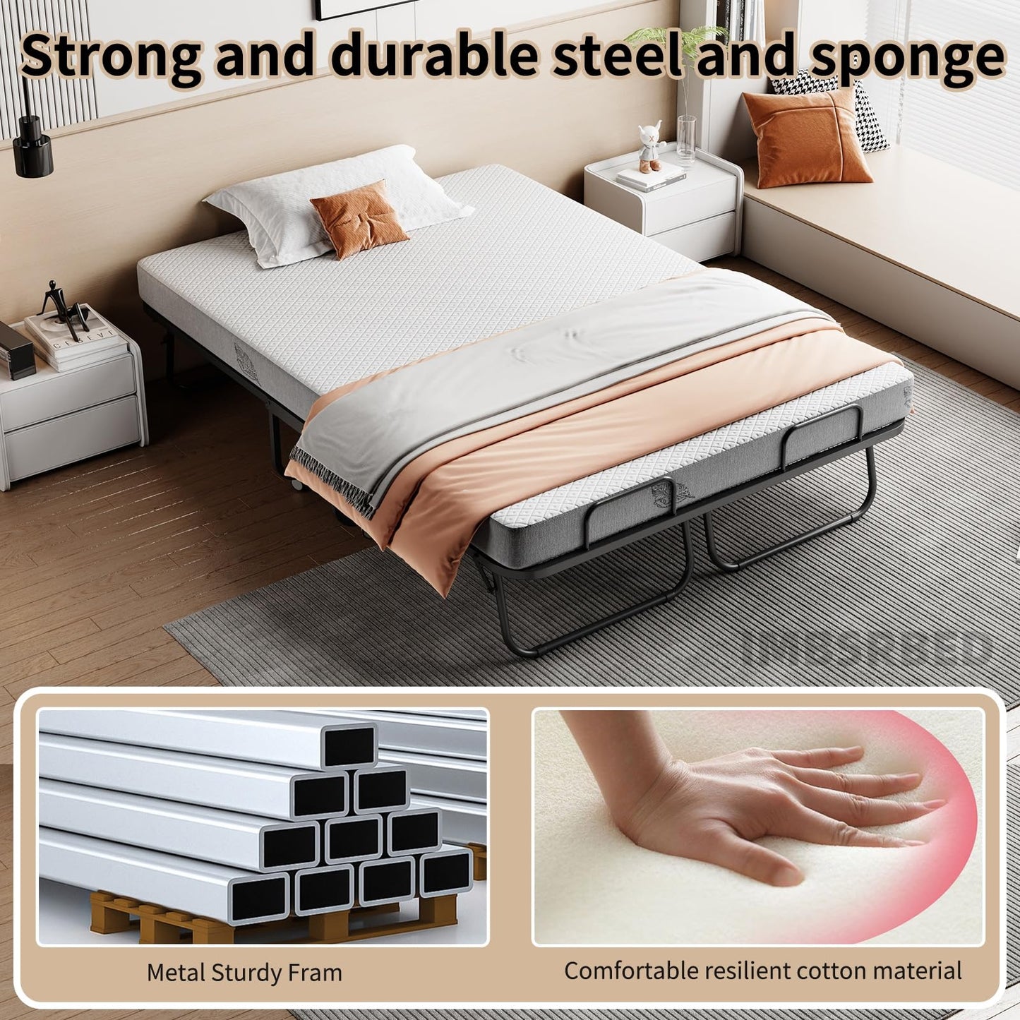 IMBSRBED 75"×54" Folding Bed with Adult Mattress, Full Size, Portable Folding Bed with Deluxe Memory Foam Mattress and Extra Strong Frame, Folds, Rolls and Conceals (75"×54")