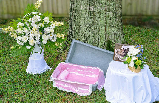 Loving touch elegant casket/vaults built with High Strength Non-biodegradable materials with a plush interior bedding available in Small, Medium, Large and 3 color options. (Med, Pink)