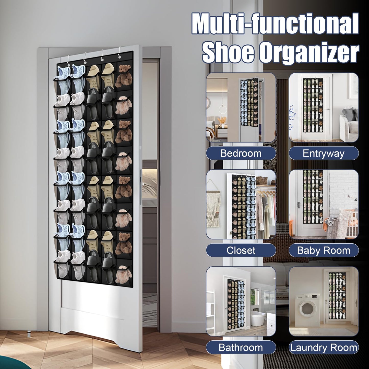 Siolviento Over the Door Shoe Organizer - 40 Large Breathable Mesh Pockets, Space Saving Hanging Shoe Organizer with Metal Hooks, Hanging Shoe Rack for Men's and Women's Shoes (Black)