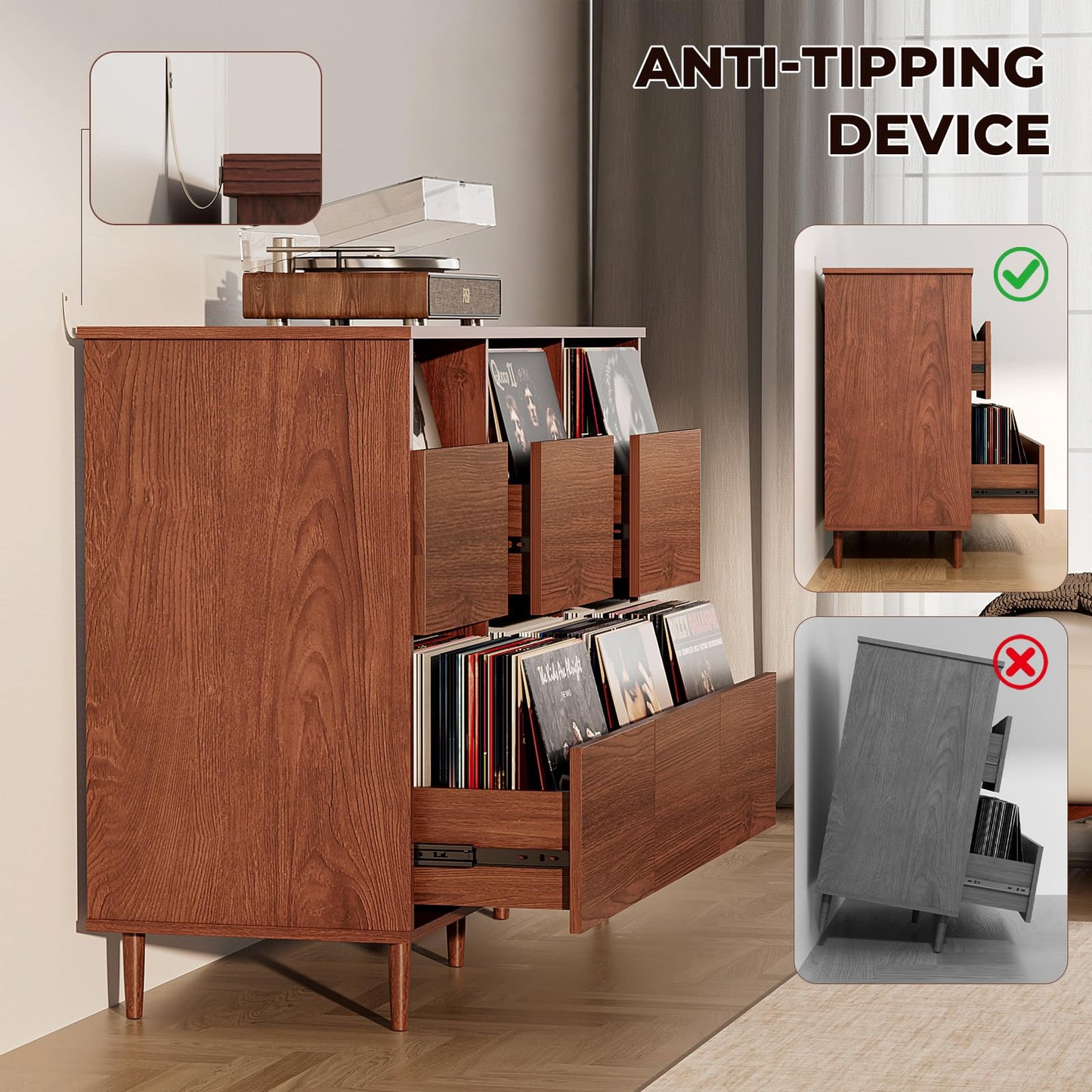 BROTTAR 47.2" Large Record Player Stand, Vinyl Record Storage Cabinet,Brown