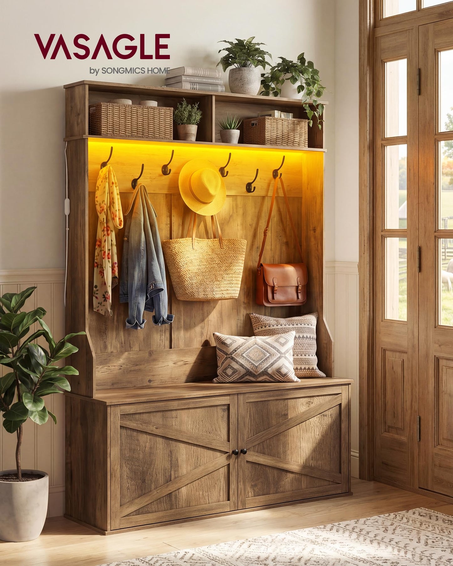 VASAGLE 5-in-1 Hall Tree with Bench and Shoe Storage, Adjustable LED Light