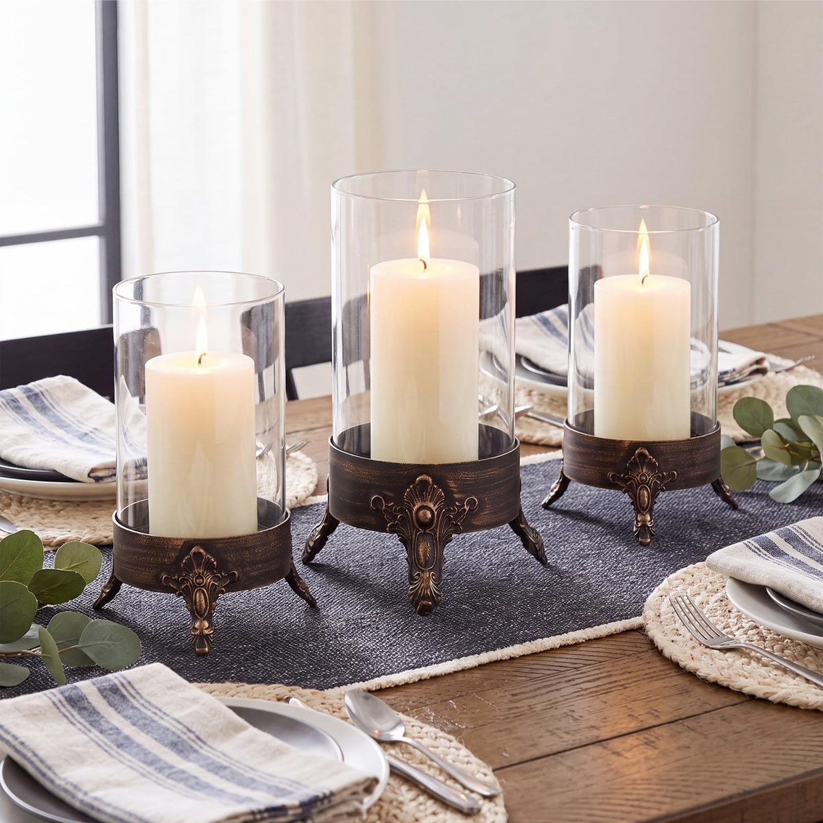 Singhoow Set of 2 Hurricane Glass Candle Holder, Metal Base Halloween Decor