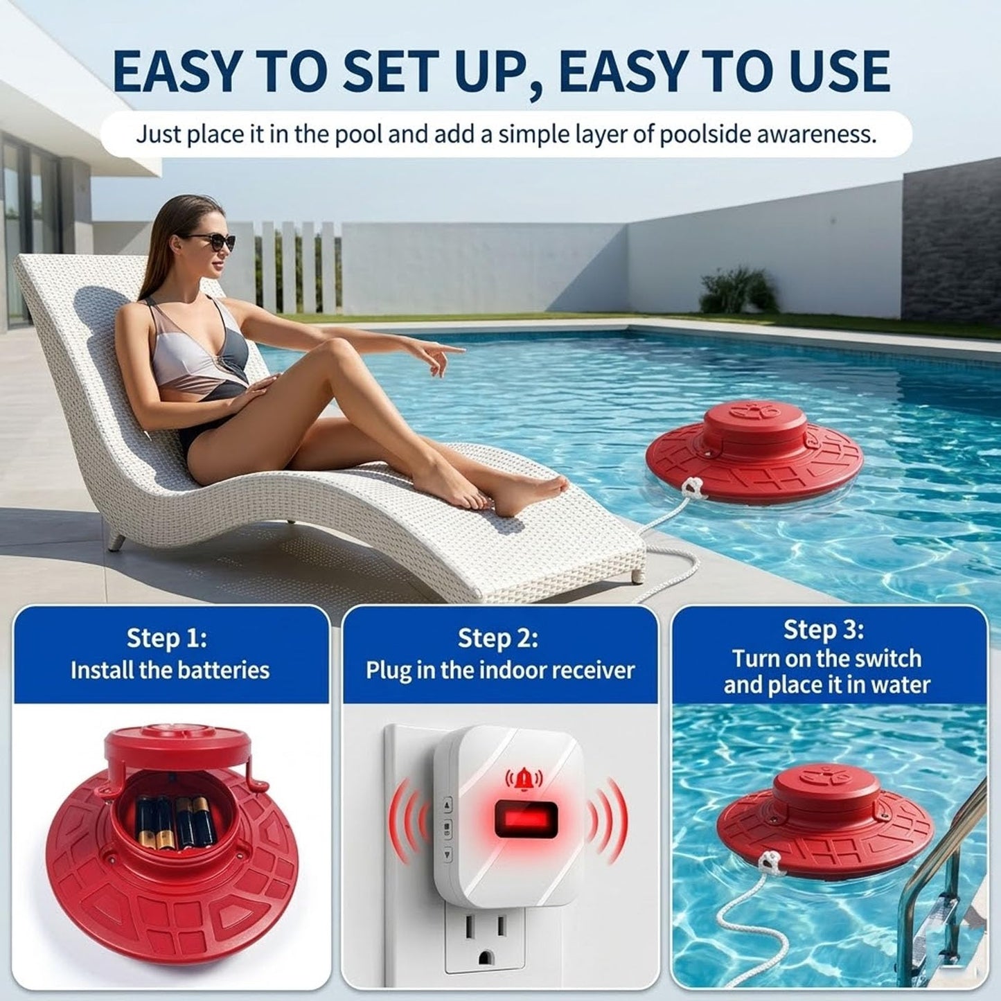 Pool Alarm for Inground & Above Ground Pools, 110dB Ultra-Loud Water Motion Sensor with Indoor Receiver - Adjustable Sensitivity, Weatherproof UV Resistant, Backyard Child & Pet Safety