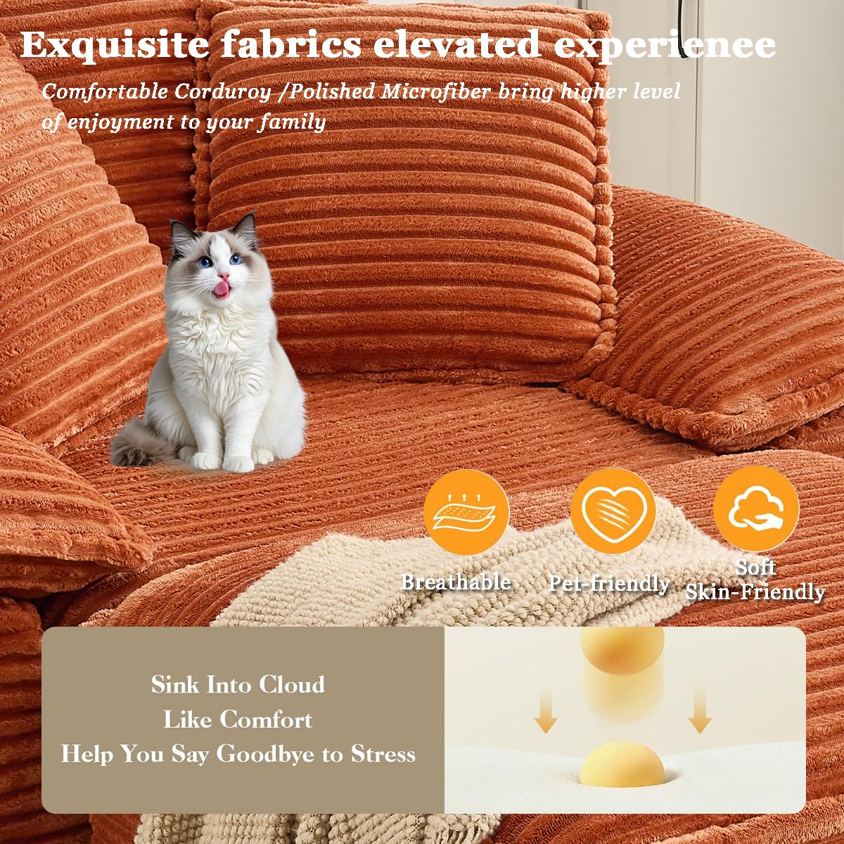 COSYMOOR Chaise Lounge Chair Indoor with Ottoman, 47 Inch Oversized Corduroy Boneless Sofa Bed, Deep Seat Sleeper Couch Reading Chairs, Cloud Compact Sofas Couches for Living Room,No Assembly Required