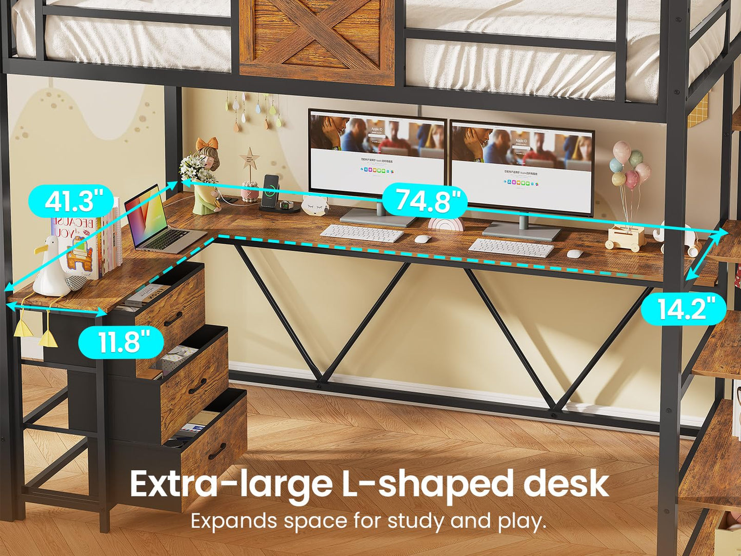 Itaar Stairway Twin Size Loft Bed with L Shaped Desk and Wardrobe, Metal Loft Bed Frame with Storage Stairs, 3 Fabric Drawers, LED Lights & Charging Sation, Rustic Brown