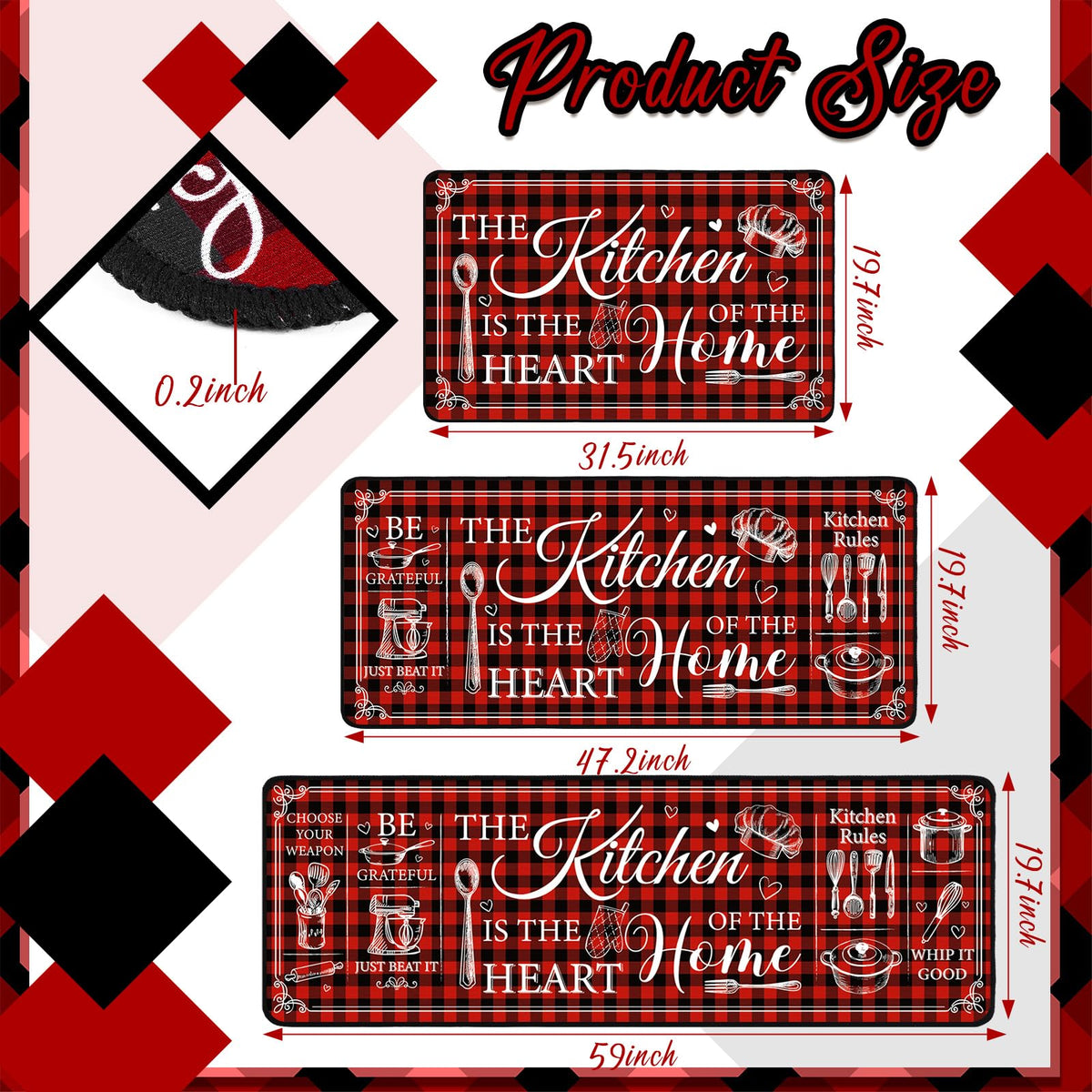 Bencailor 3 Pcs Farmhouse Kitchen Rugs Set Red Non Slip Kitchen Mats