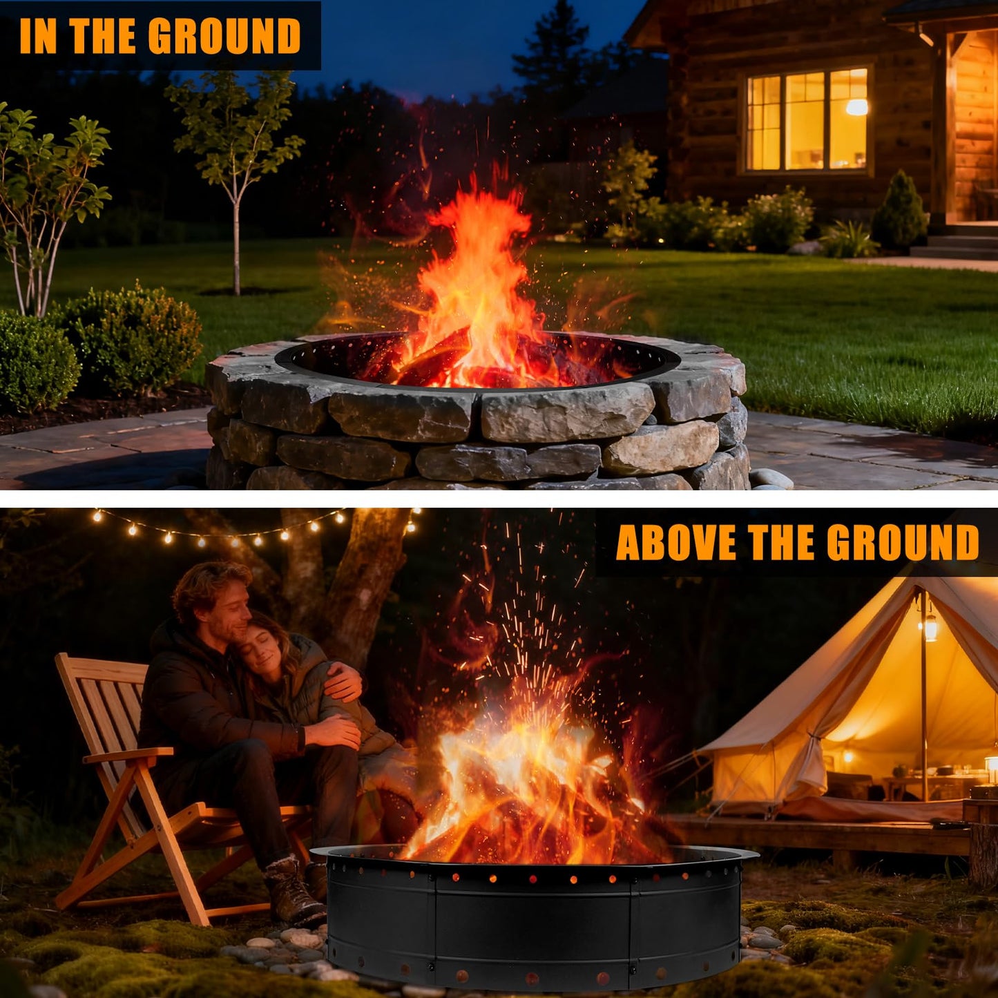 Zzuvjoy 36 Inch Fire Pit Ring, Large Outdoor Campfire Pit for Patio Backyard Garden, Smokeless Steel Firepit with Air Vent for Efficient Burning & Anti-Rust Coating, Black Steel
