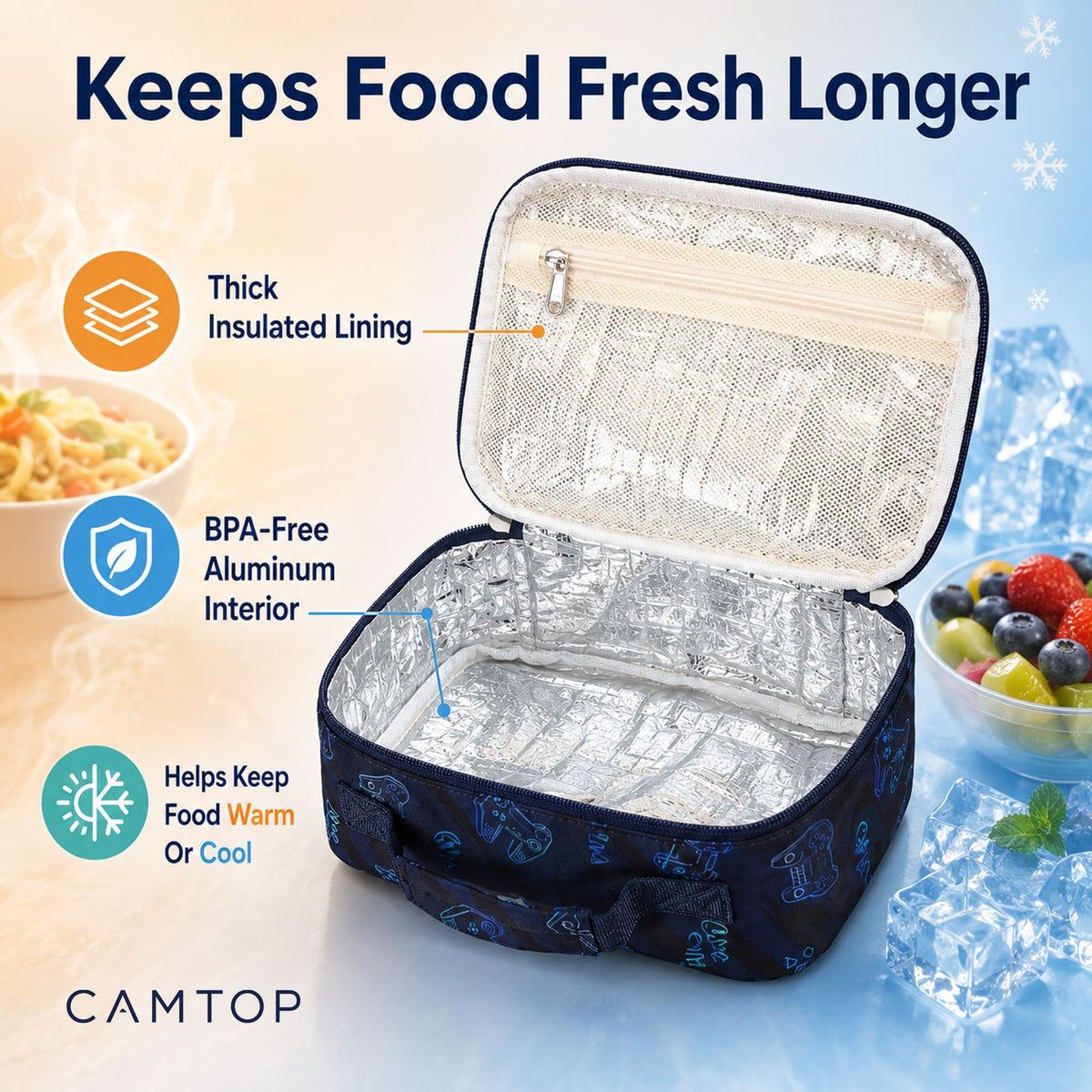 CAMTOP Lunch Box Kids Boys Insulated Lunch Cooler Bag Reusable Lunch Tote Kit for School Travel，Black