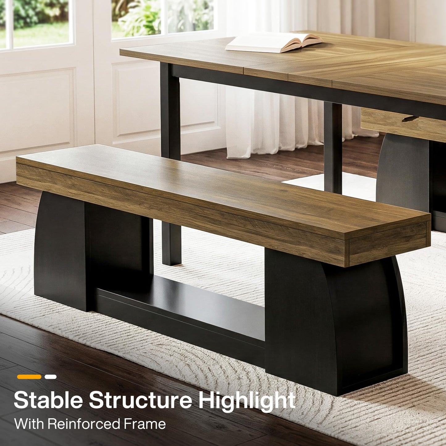 Tribesigns 63 Inch Dining Bench, Farmhouse Long Kitchen Table Bench with Sturdy Frame, Wooden Indoor Kitchen Dining Seat for Dining Room, Living Room, Restaurant, Brown & Black