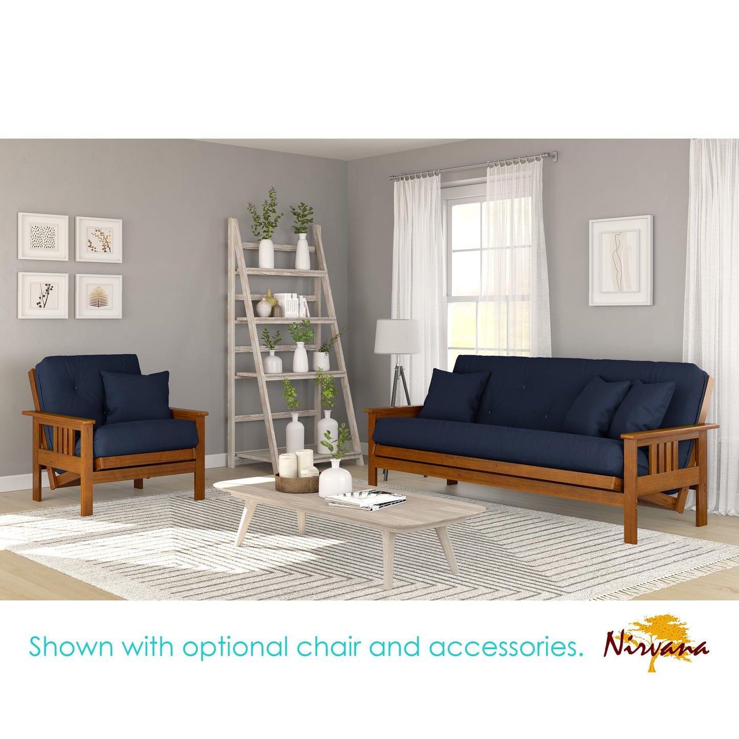 Nirvana Futons Stanford Futon Set - Full Size Futon Frame with Mattress Included (8 Inch Thick Mattress, Twill Navy Blue Color), Heavy Duty Wood, Popular Sofa Bed Choice