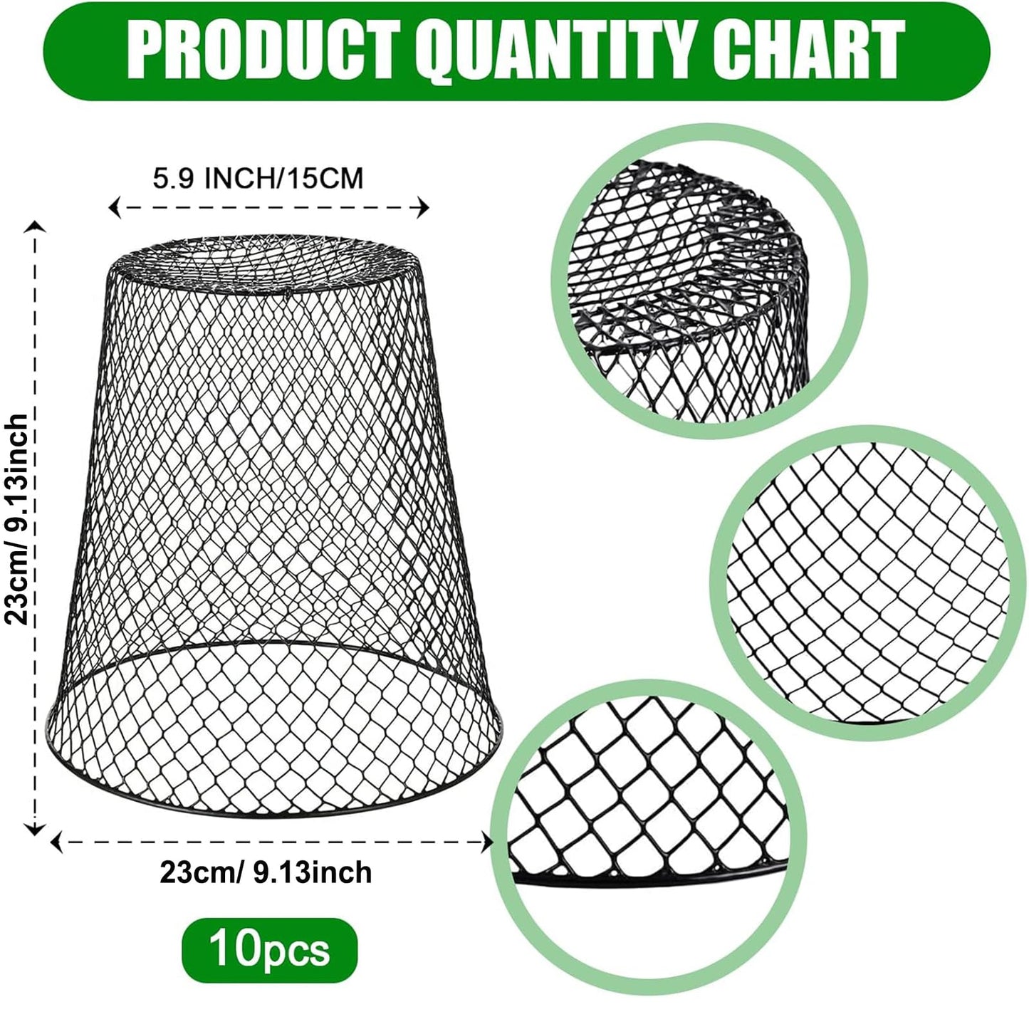 10 Pack 9.13"×9.13" Chicken Wire Cloche Plant Covers - Garden Plant Cloche Metal Heavy Duty Plant Protectors from Animals for Keeping Bunnies Chicken Squirrels Birds Other Out (10, Black)