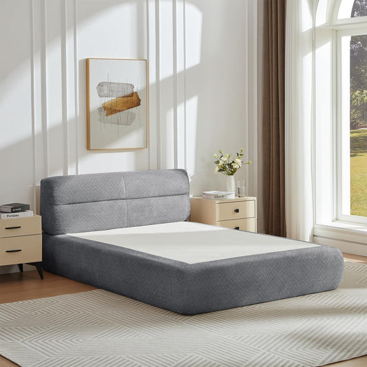 WDYLWFHW Full XL Dark Grey Floor upholstered Platform Bed with Headboard, Chenille Compressible Bed Frame with Sponge Mattress, Bedroom Furniture No Box Spring Needed (Dark Grey)