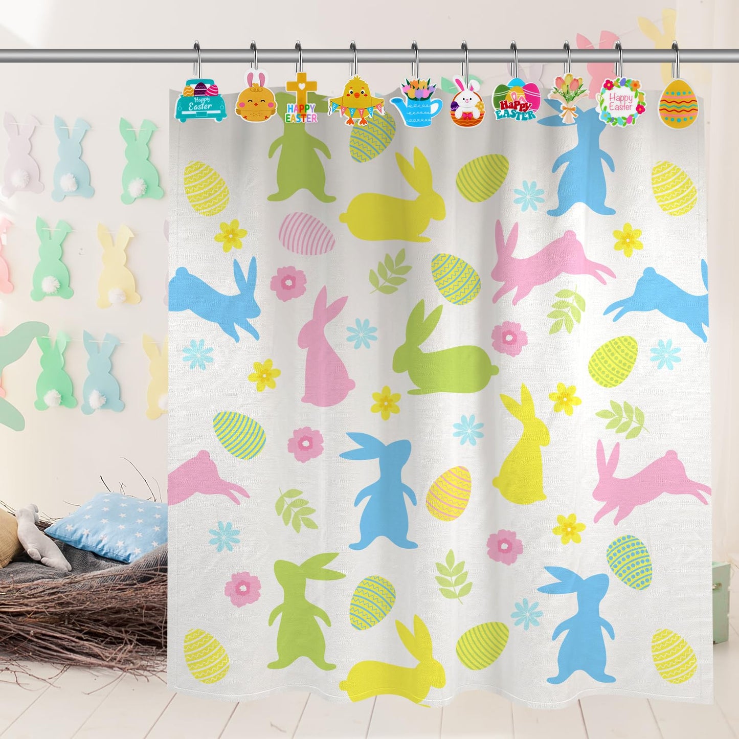 Haiabei 12Pcs Shower Curtain Hooks Hangers Decorative Metal Rustproof Bathroom Room Pendants Decor Accessories with Bunny Happy Carrot Flower Chick Rabbit Stainless Curtains Rings