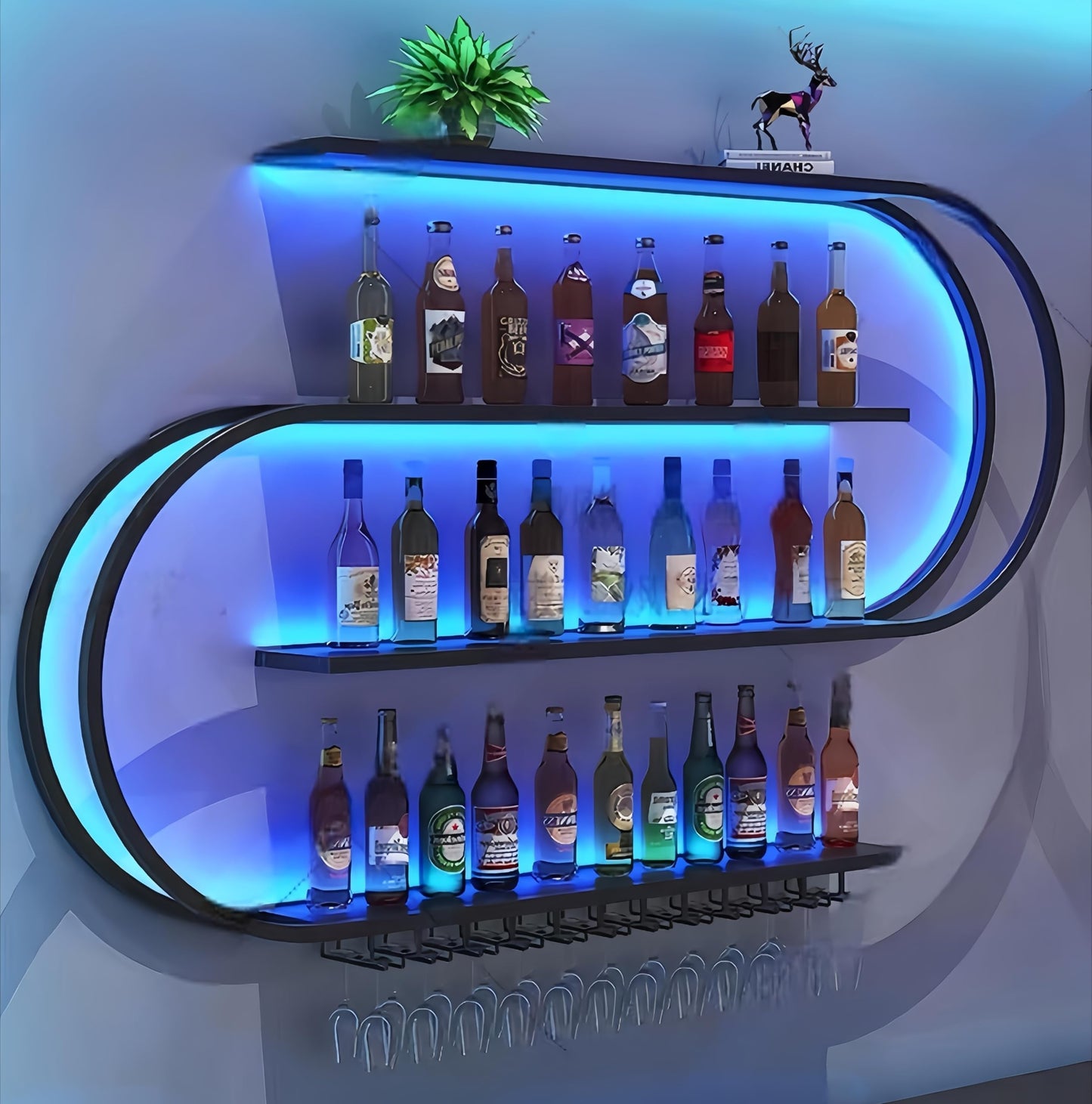 HFTUW 47 Inch Wall-Mounted Wine Rack with Led Light, 4-Tier Half Round Bar Shelves, Industrial Metal Display Storage Shelf & Wine Glass Hooks for Home Bar, Dining Room(Black-Blue Led, 47in/120cm)