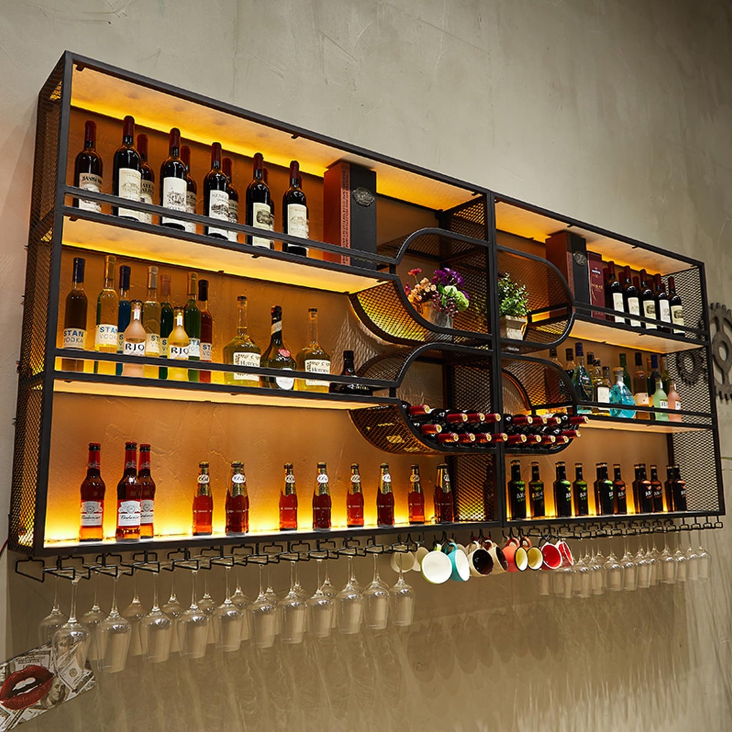 Dawselod 78.7in Large Wall Mounted Wine Rack with LED Light,4-Tiers Liquor Bottles Floating Shelves Display Storage Organizer for Home Bar & Dining Room Decorative (78.7" W x 9.8" D x49.2 H)
