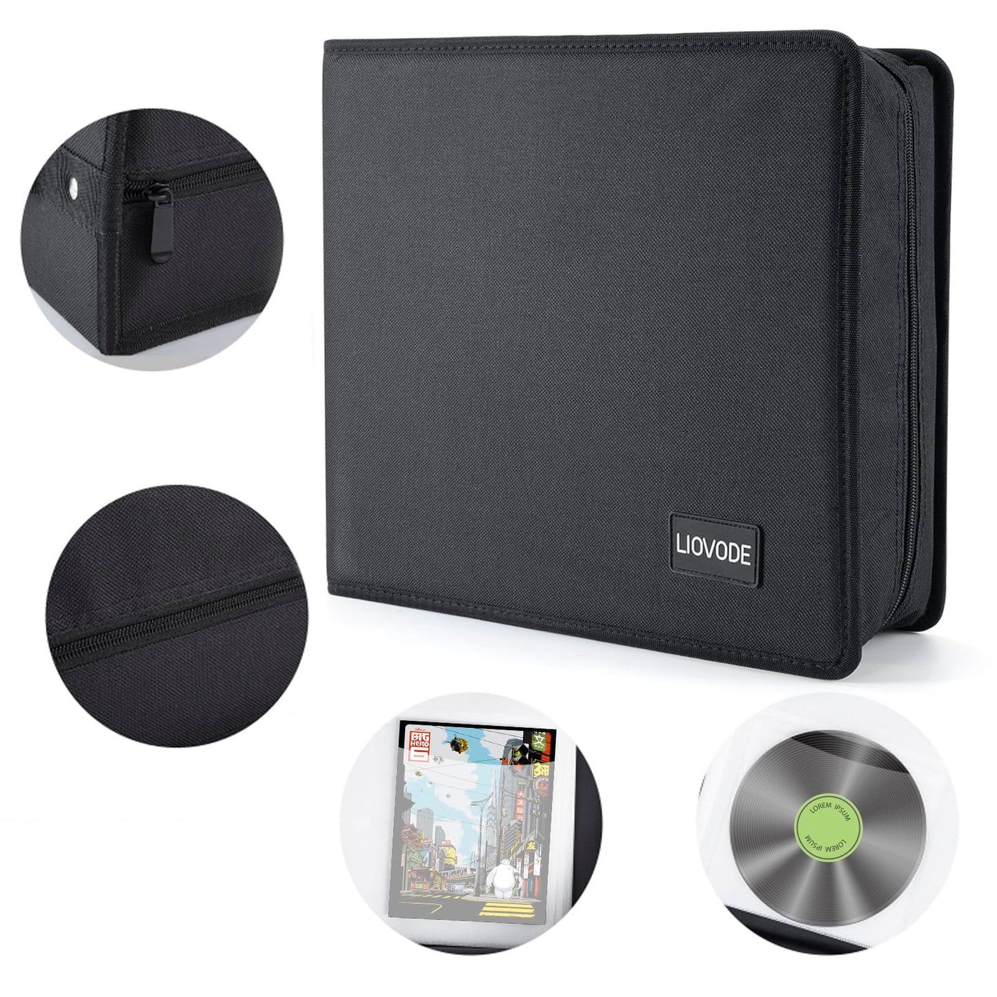 LIOVODE DVD Case 128 DVDs and 64 Booklets Capacity, CD/Blu-ray Storage Binder Case with Booklet Inserts Media Organizer Holder Black Blu ray Wallet for Car (128 Capacity)