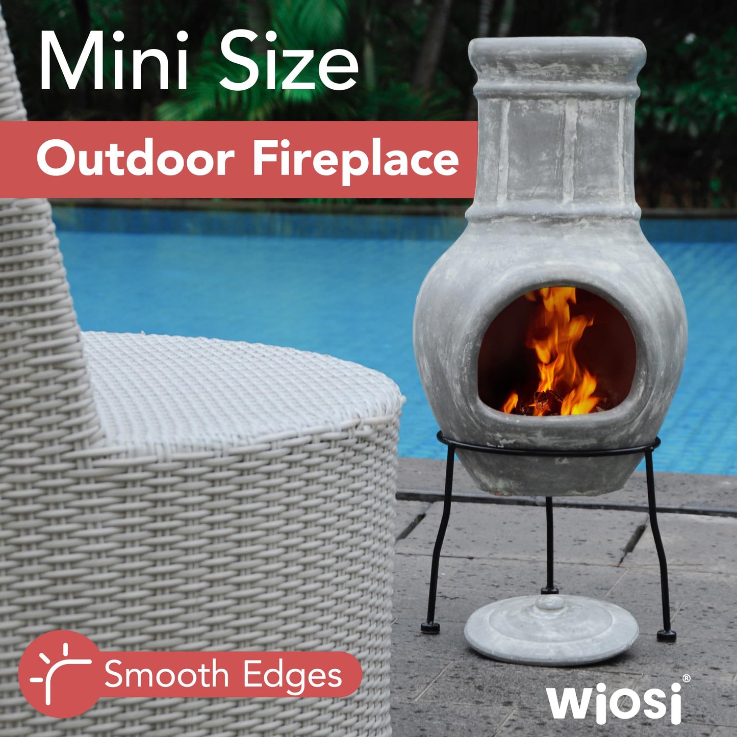 Grey Chimenea Outdoor Fireplace, Clay Chiminea with Lids and Metal Stands