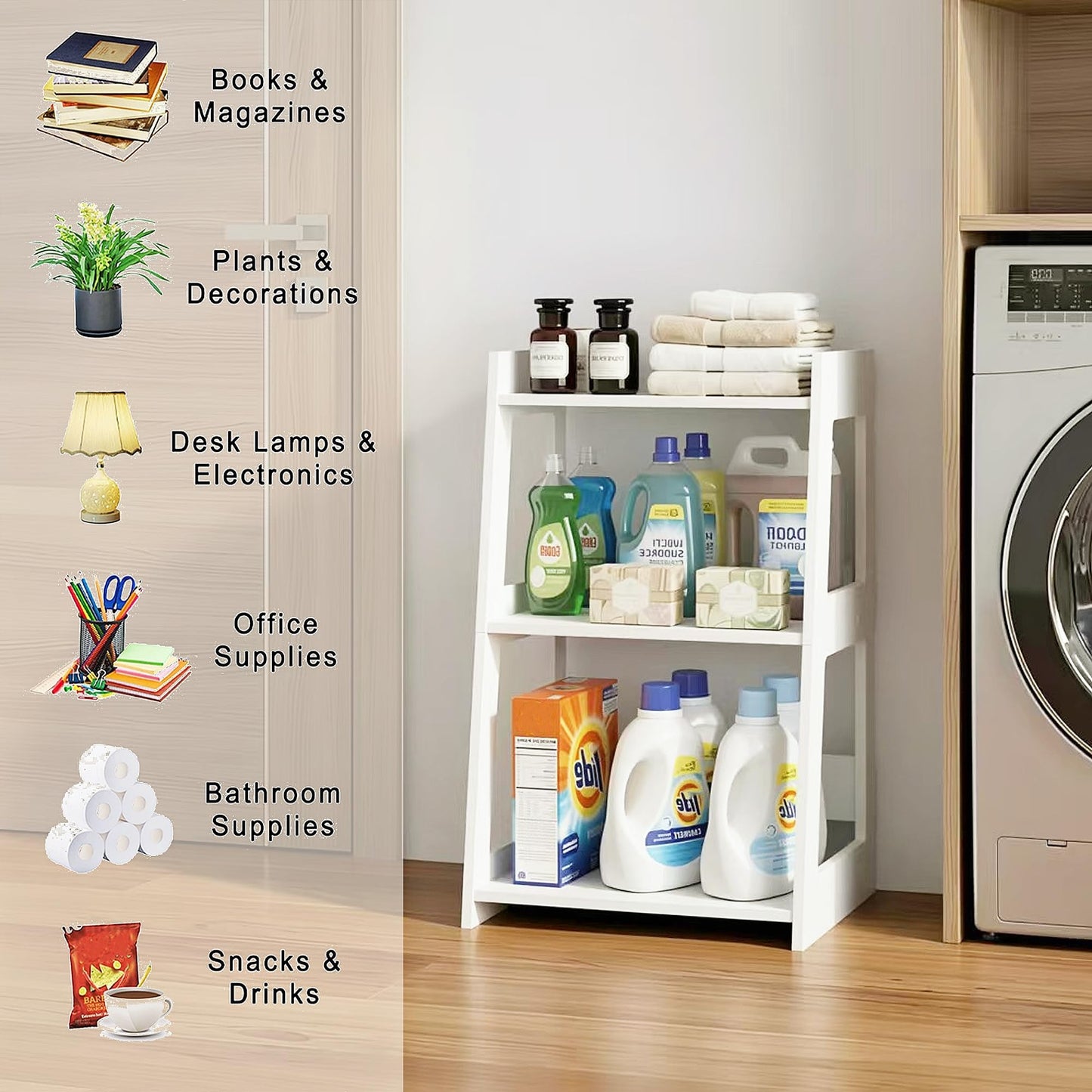 POBOMULI 3-Tier Bathroom Ladder Shelf Freestanding, White Floor Shelves Open Shelving Unit, Small Bookshelf Nightstand for Home Study Laundry Room (11.8" D x 15.7" W x 27.6" H)