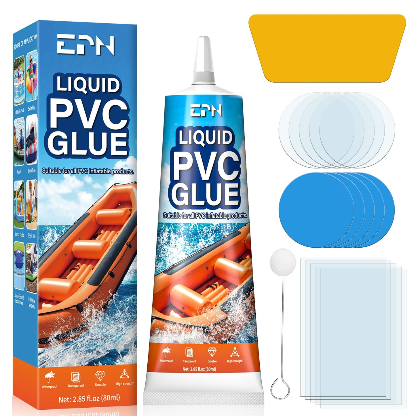 EPN Air Mattress Patch Kit, Waterproof Vinyl Pool Liner Repair Kit for Inflatables, Air Mattress, Swimming Ring, Tent, Bounce House, Inflatable Toys, Hot Tub, PVC Boat, Raft, Kayak (80 ML)