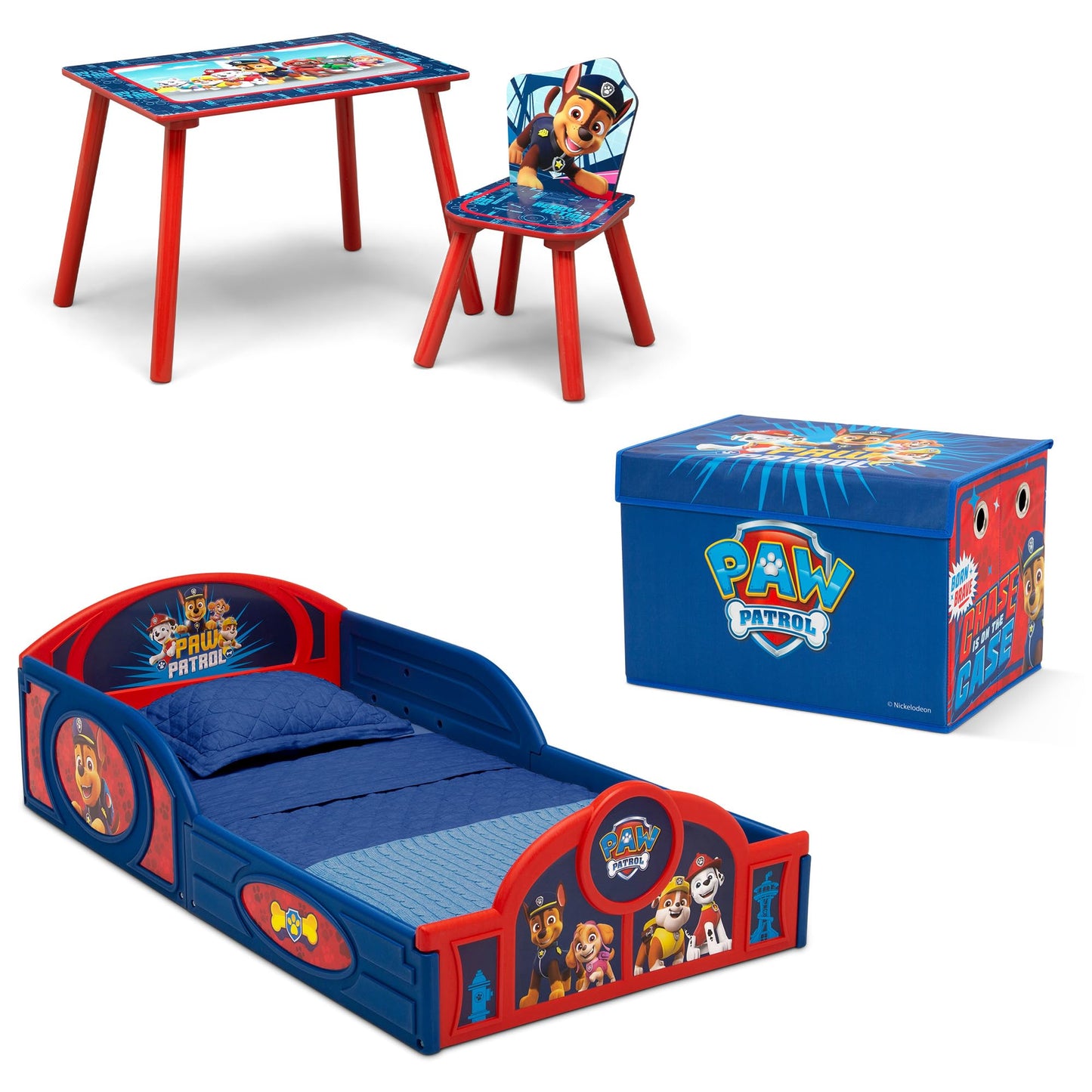 Delta Children - PAW Patrol 4-Piece Toddler Room-in-a-Box Set – Includes Sleep and Play Toddler Bed, Table, 1 Chair and Toy Box, Blue