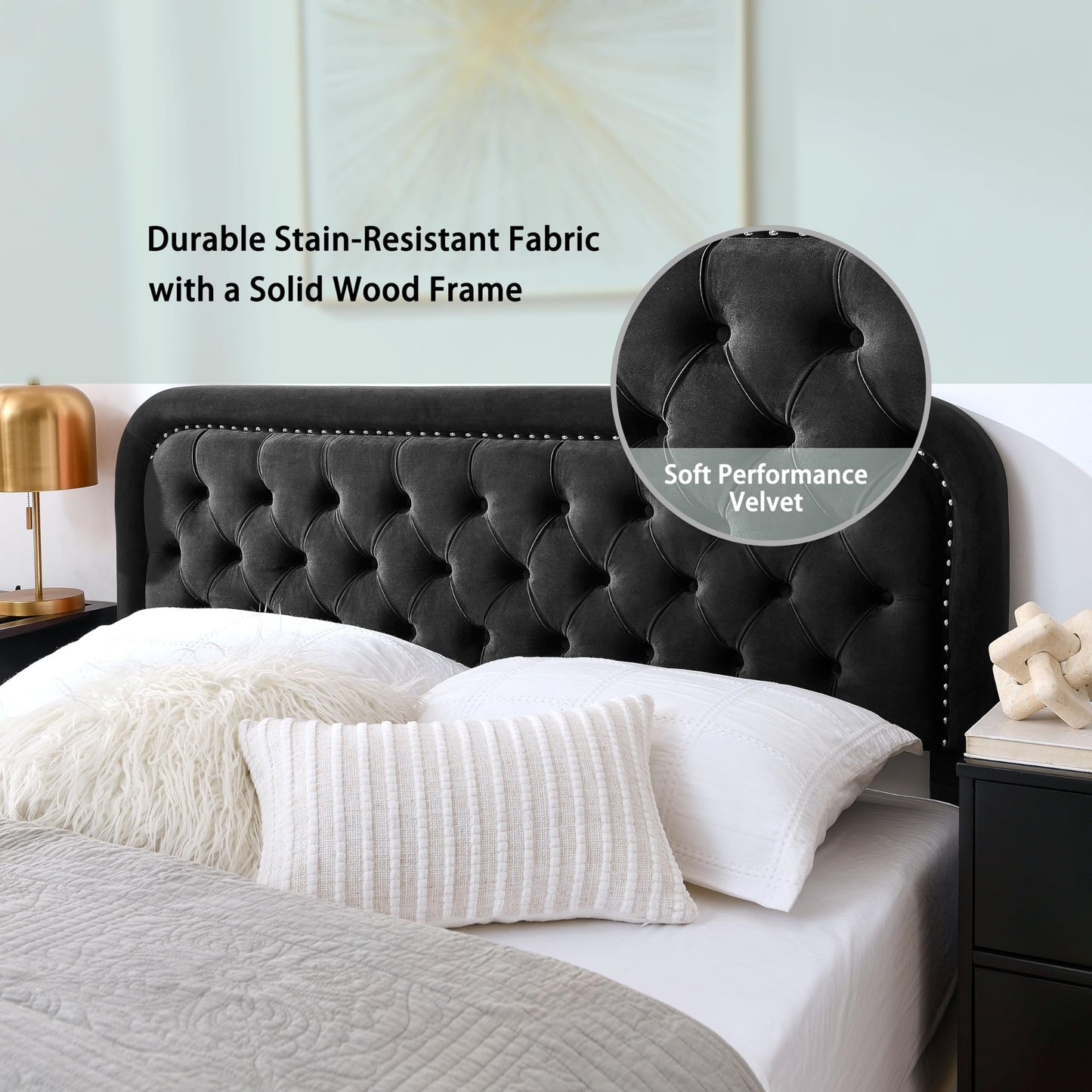 Beyetsea Tufted Upholstered Twin Size Headboard - Button Solid Wood with Adjustable Height - Modern Velvet Padded Bed Headboard - Easy Assembly - Nailhead, Black