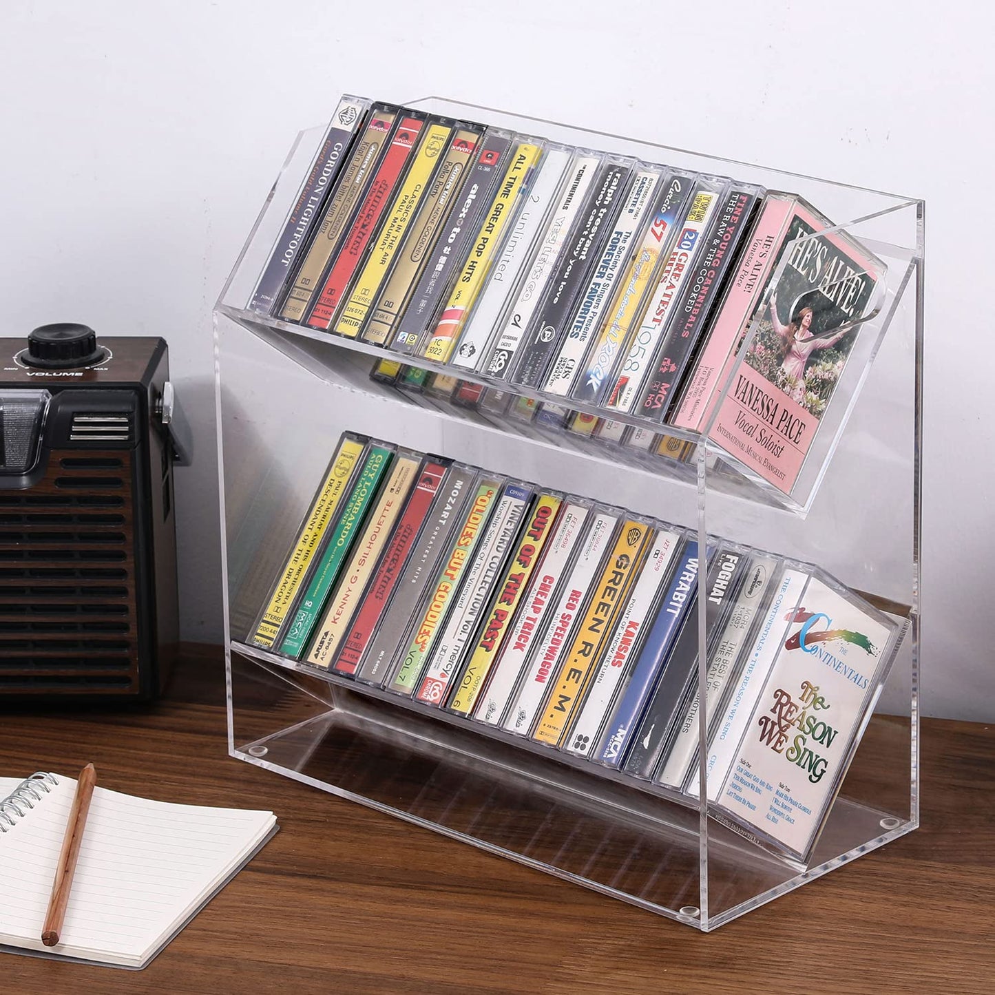 MyGift Clear Acrylic Cassette Tape Holder, 2 Tier Retro Audio Tape Deck Storage Display Case with Cutout Handles
