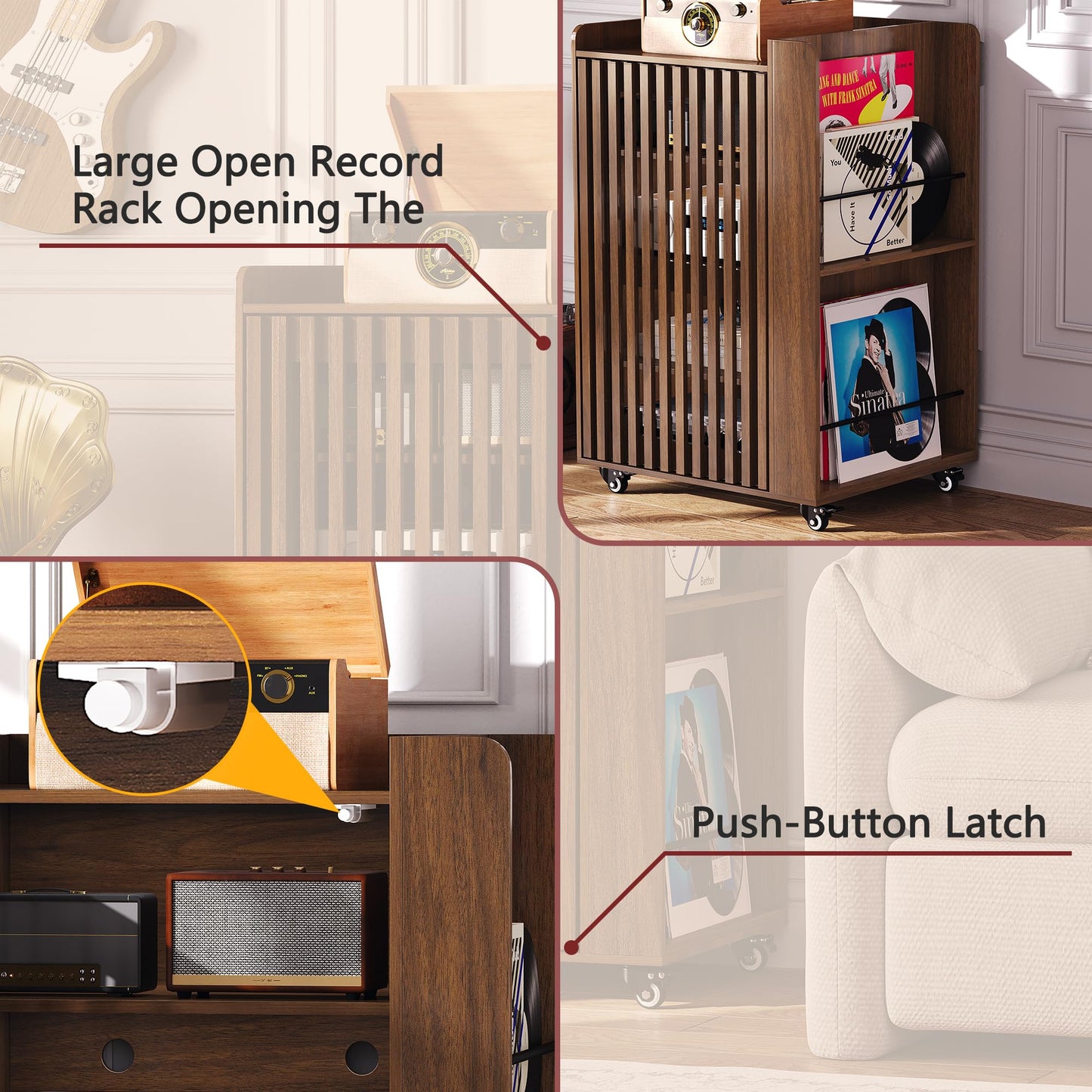 Rolling Media Cabinet with Side Vinyl Record Storage, 5-Tier Large Stereo Cabinet with Door and Cable Management, Audio Video Shelf for Living Room Gaming Room Music Room (Walnut)