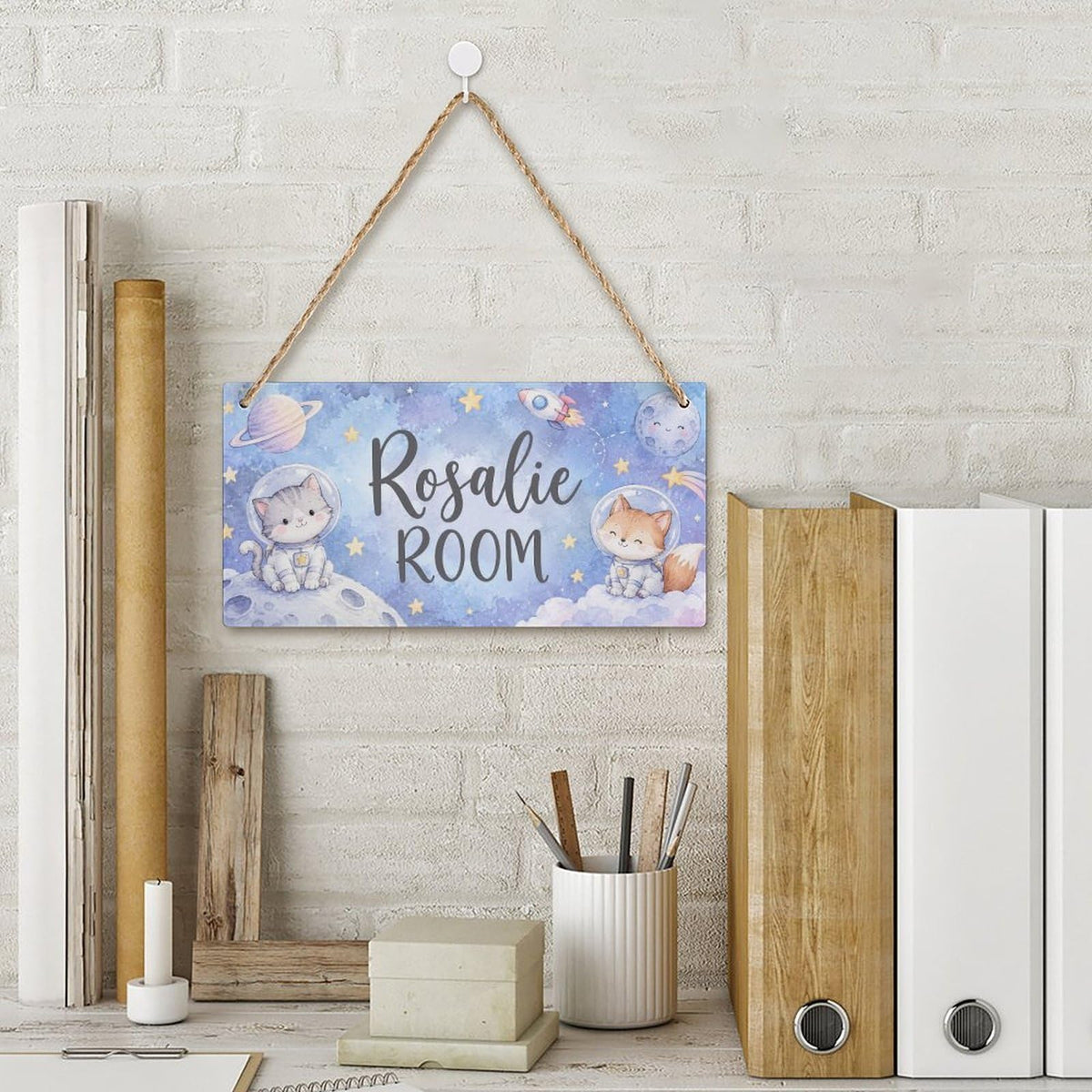 Personalized Girl's Room Sign, Custom Name Wooden Door Plaque, Cute Astronaut Cat & Fox Space Theme, Kids Bedroom Watercolour Hanging Sign