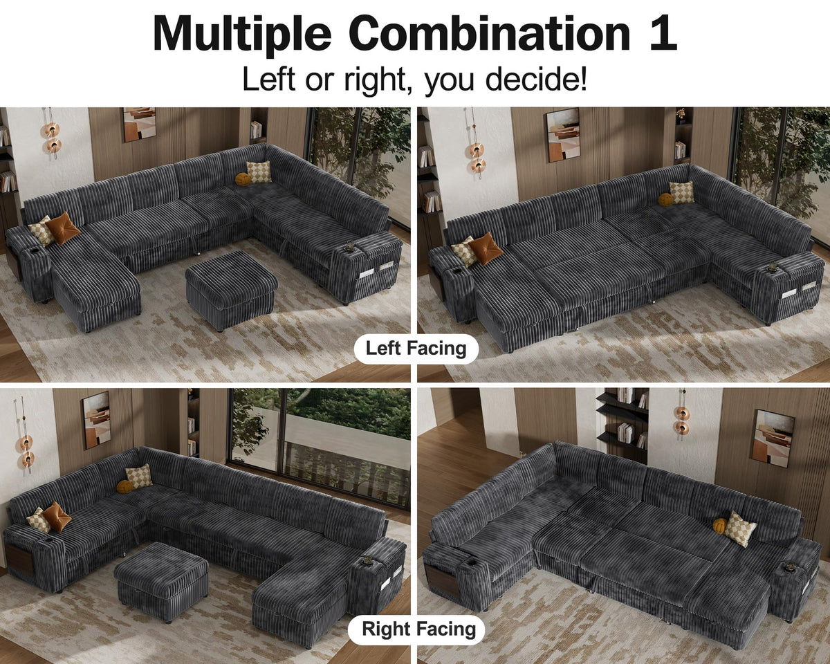 Sunny Heart 130" Modular Sectional Sleeper Sofa with Pull Out Bed, 9 Seat Corduroy L Shaped Couch with Ottoman and Chaise|USB Ports|Cup Holders|Side Table, Tool Free Assembly, Grey