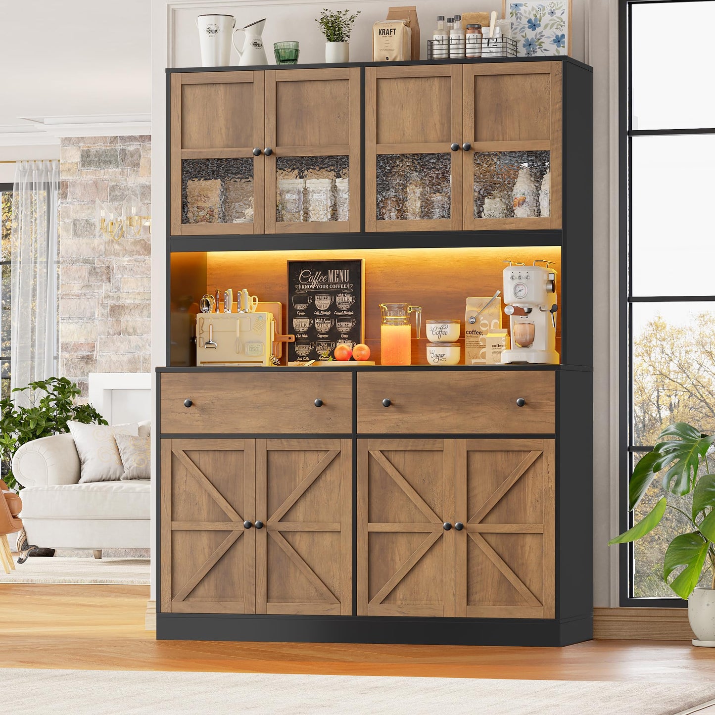 FINETONES 71" Pantry Cabinet with LED Light and Charging Station, Farmhouse Kitchen Pantry Cabinet with Microwave Stand, 47.2" Wide Kitchen Hutch Food Pantry with Open Countertop, Black/Brown