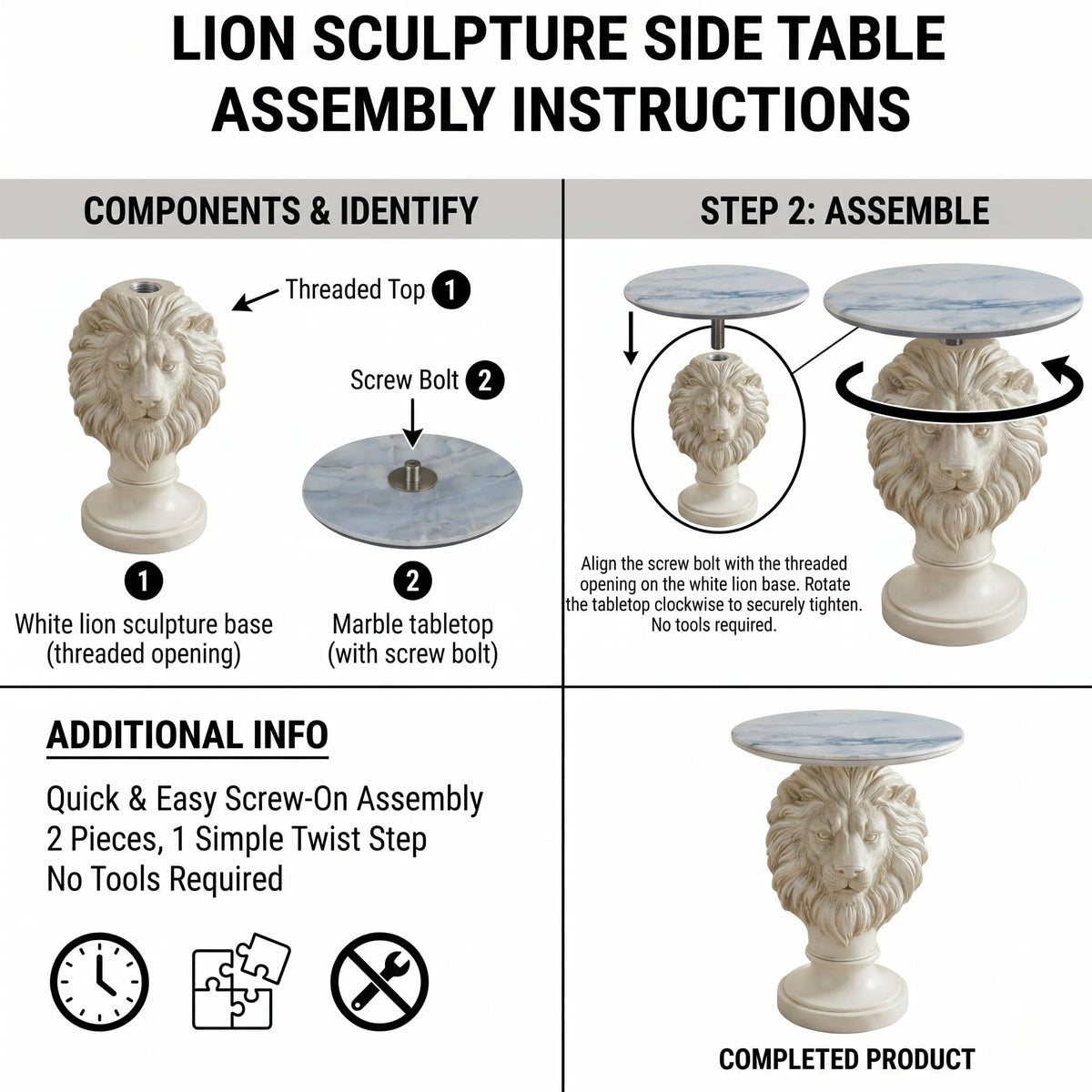 Eshiaeid White Lion Head Sculptural Side Table with Faux Marble Top, 19.7" Round Animal End Table, 25.6" H Majestic Accent Nightstand for Living Room & Bedroom, Luxury Housewarming Gift