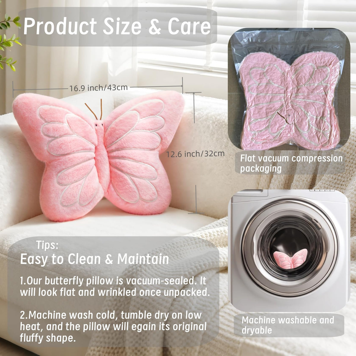 Pink Butterfly Shaped Pillow 16.9" Plush Cute Decorative Throw Pillows