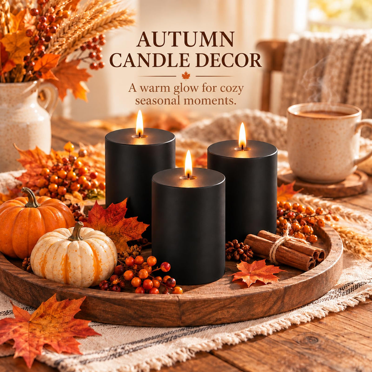 Black Soy Pillar Candles for Halloween, 3x4 Inch Unscented Candles, 3 Pack