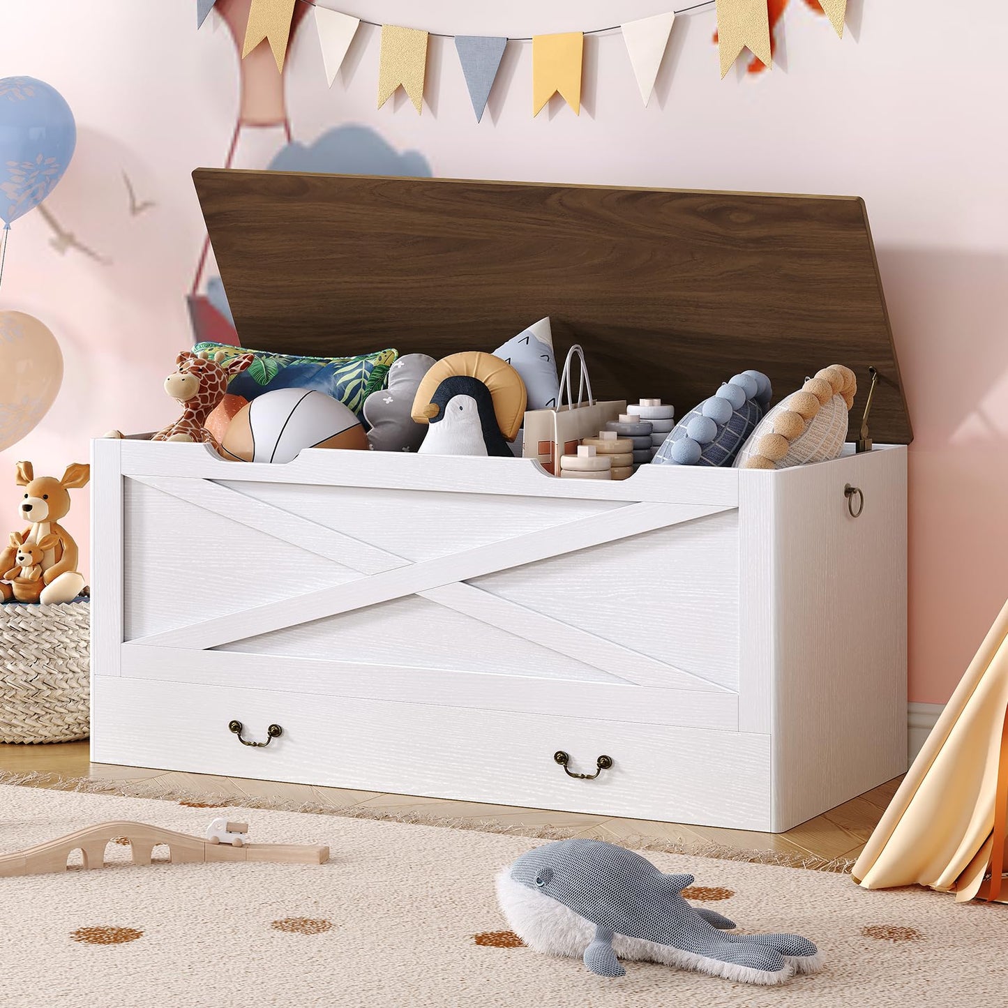 RALGEND Toy Chest, 39.4" Storage Chest with Drawer and Pull Handles, Wooden Storage Bench with Lift Top, Storage Trunk for Living Room, Bedroom, Entrance, White and Walnut