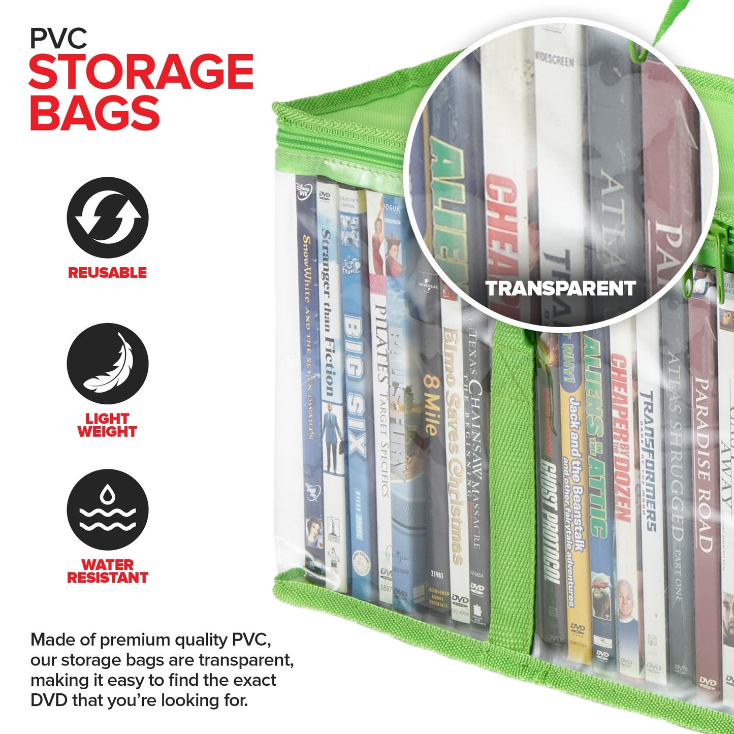 Stock Your Home DVD Storage Bags (Set of 6) Media Organizer Bag for DVDs, CDs, Blu Ray Disc, Movie Cases, VHS Box, Video Game Disks, Clear Plastic Holders with Carrying Handles and Zipper - Green