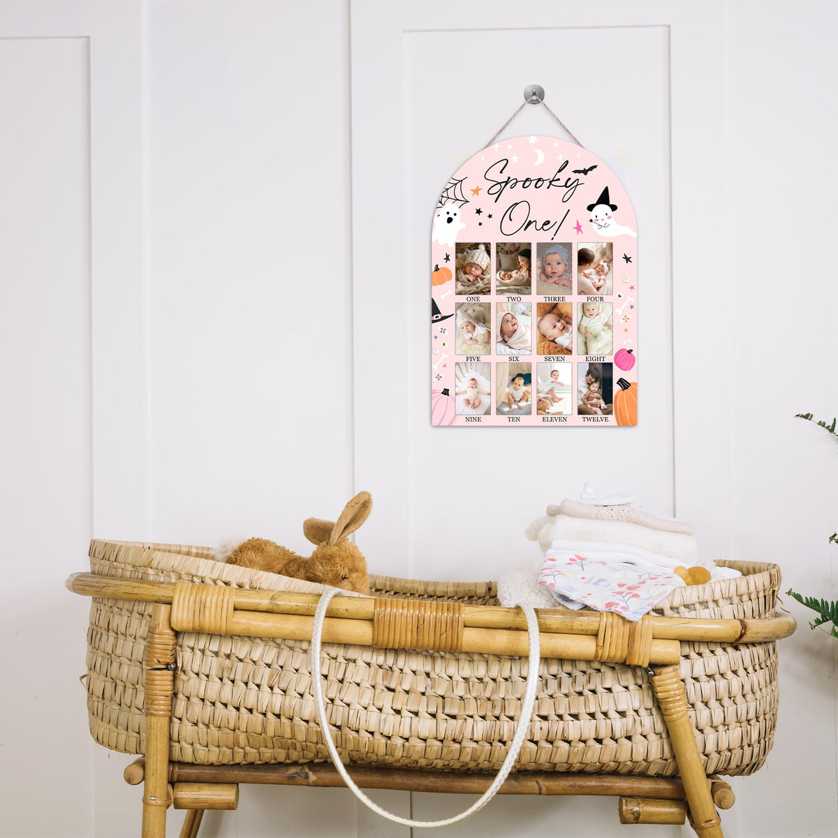 UIBOVA Halloween My First Year Photo Board, Spooky One Ghost Baby Milestone Signs for Boys Girls Nursery Decor, 12 Month Wooden Picture Board for 2x3 Photos, Best Babies Keepsake Gifts-A22