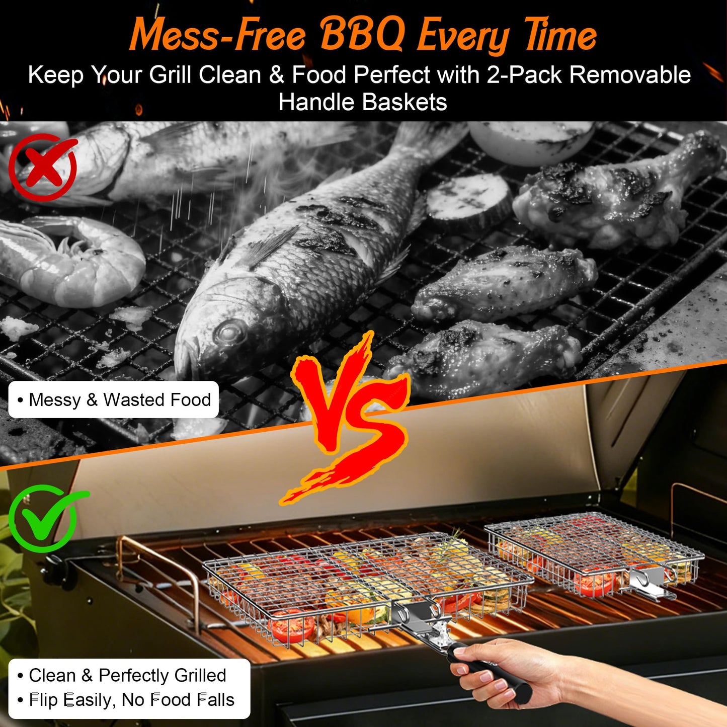 Grill Baskets for Outdoor Grill, 2PCS BBQ Grilling Basket with Removable Wooden Handle, Stainless Steel Camping Cooking Grill Accessories for Meat Fish Vegetable Seafood, Gifts for Men Dad Husband (Silver)
