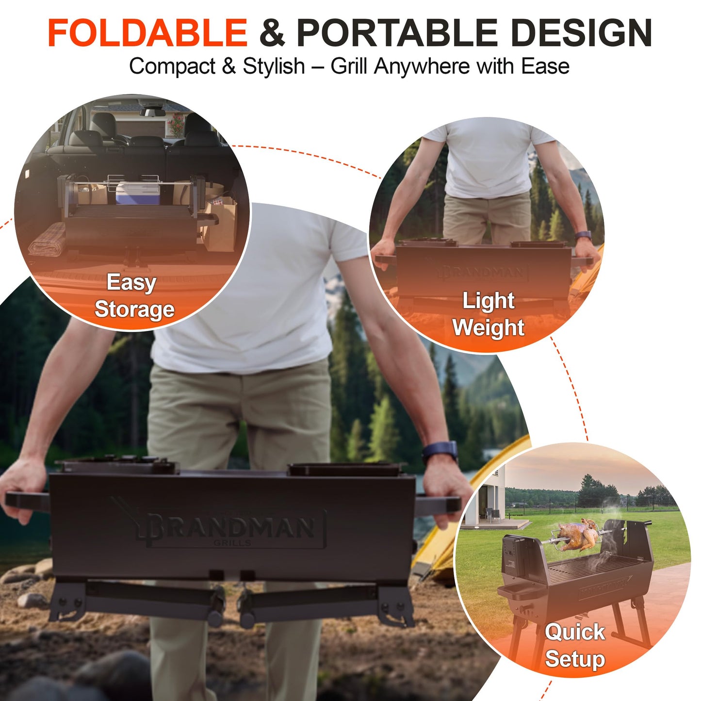 BRANDMAN GRILLS SINCE 1987 2 in 1 Portable Charcoal BBQ Rotisserie Grill with Motorized Kit Folding BBQ Grill 257 sq.in. Porcelain Enameled Grate Lightweight for Backyard Outdoor Camping