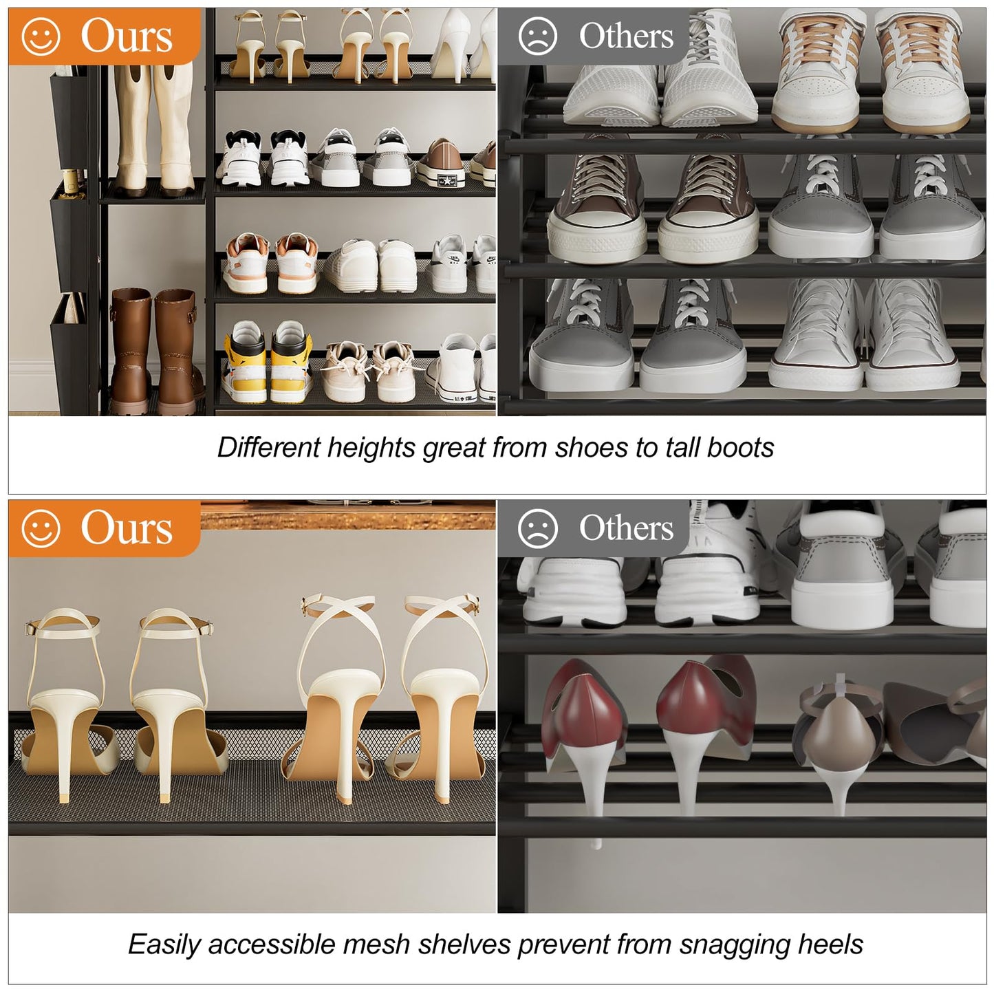Brown 5-Tier Shoe Organizer - Free Standing Shoe Rack with Storage Bag for High Heels, Entryway, Hallways, Closets, Dormitory Rooms