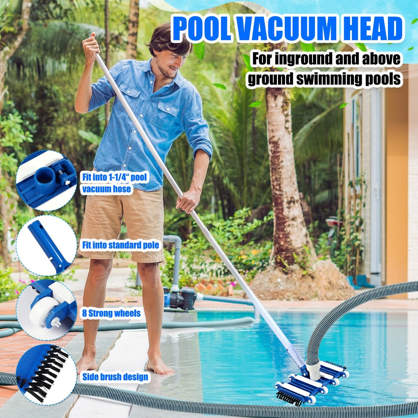 Innconee 3 Pcs Pool Cleaning Kit Swimming Pool Vacuum Head Hoses 1-1/2" x 30ft with Swivel Wheel Vacuum Head and 14 '' Brush for Inground & Above Ground Pools Spas Ponds Cleaning Manual(with Bristles)