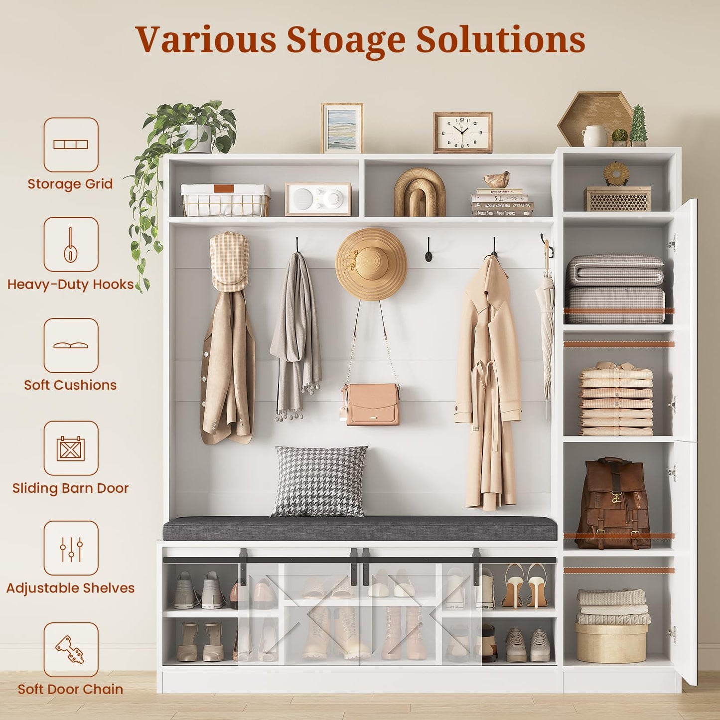 Hall Tree with Bench and Shoe Storage, Entryway Coat Rack with Tall Mirror, Farm House Barn Door 4-in-1 Hall Tree with Storage Cushioned Stool and Hooks for Hallway, Living Room, (60IN,With Mirror)