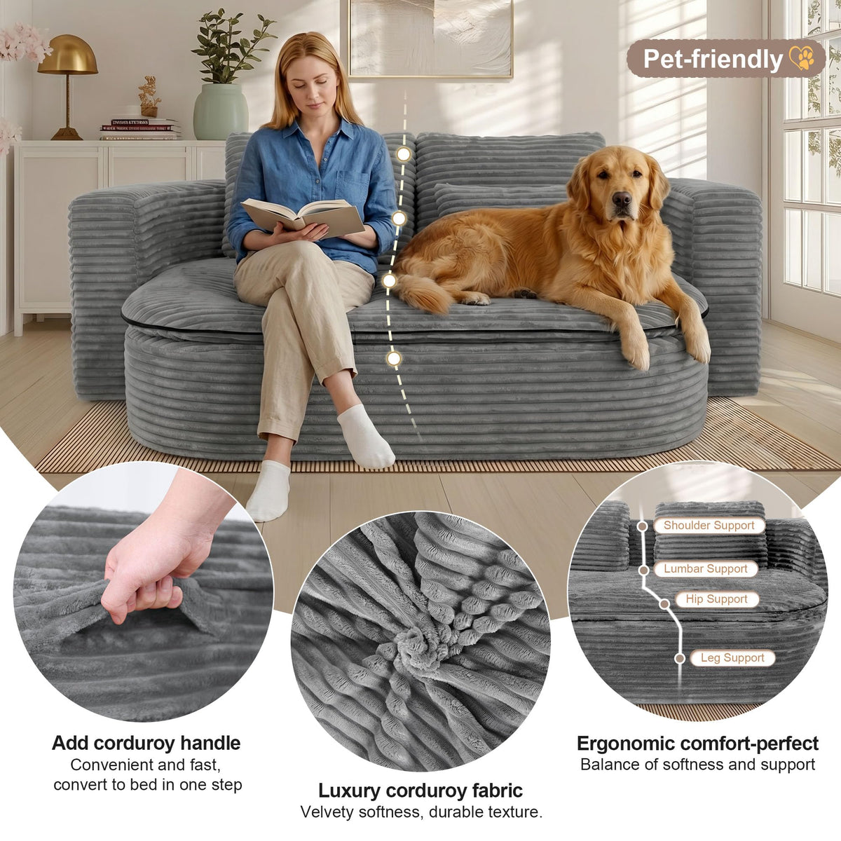 IZLKQC 75'' Folding Sleeper Sofa Bed, Memory Foam Boneless Couch