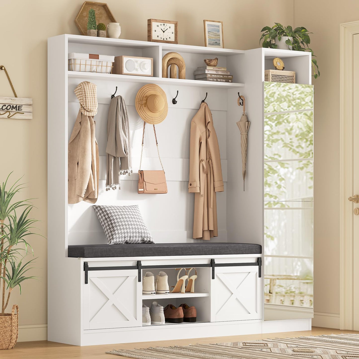 Hall Tree with Bench and Shoe Storage, Entryway Coat Rack with Tall Mirror, Farm House Barn Door 4-in-1 Hall Tree with Storage Cushioned Stool and Hooks for Hallway, Living Room, (60IN,With Mirror)