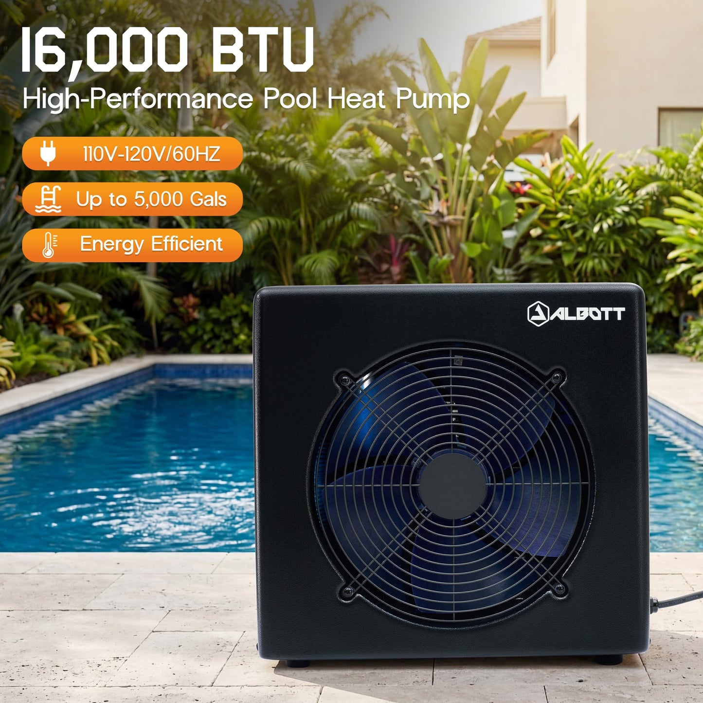 Albott 16,000 BTU Swimming Pool Heater Pump, Heating for Pools Up to 5000 Gallons, WiFi Control, Electric Pool Heater for Above Ground & Inground Pools, Black, 110V-120V 60HZ